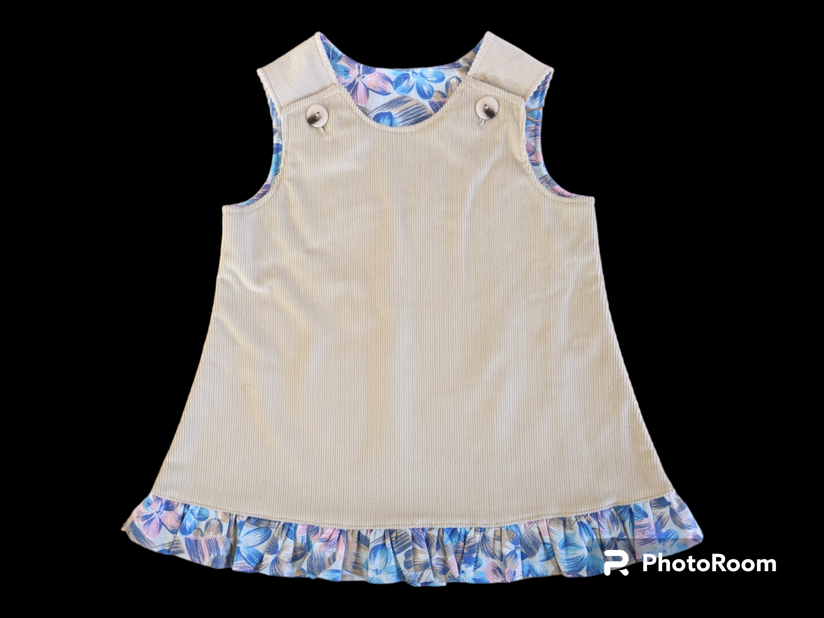 Beige cord blue frills 6-12m