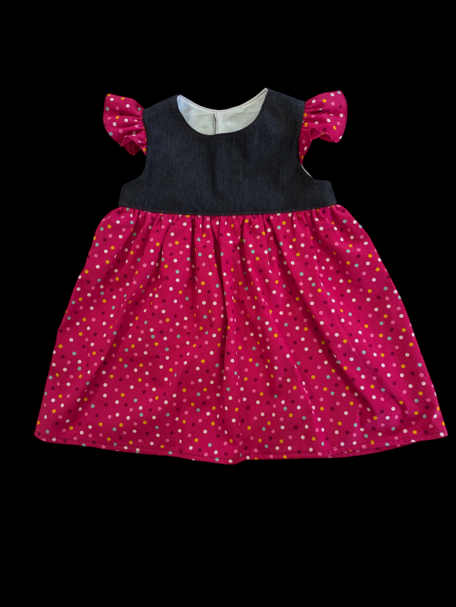 Denim bodice pink spotty skirt 1-2y