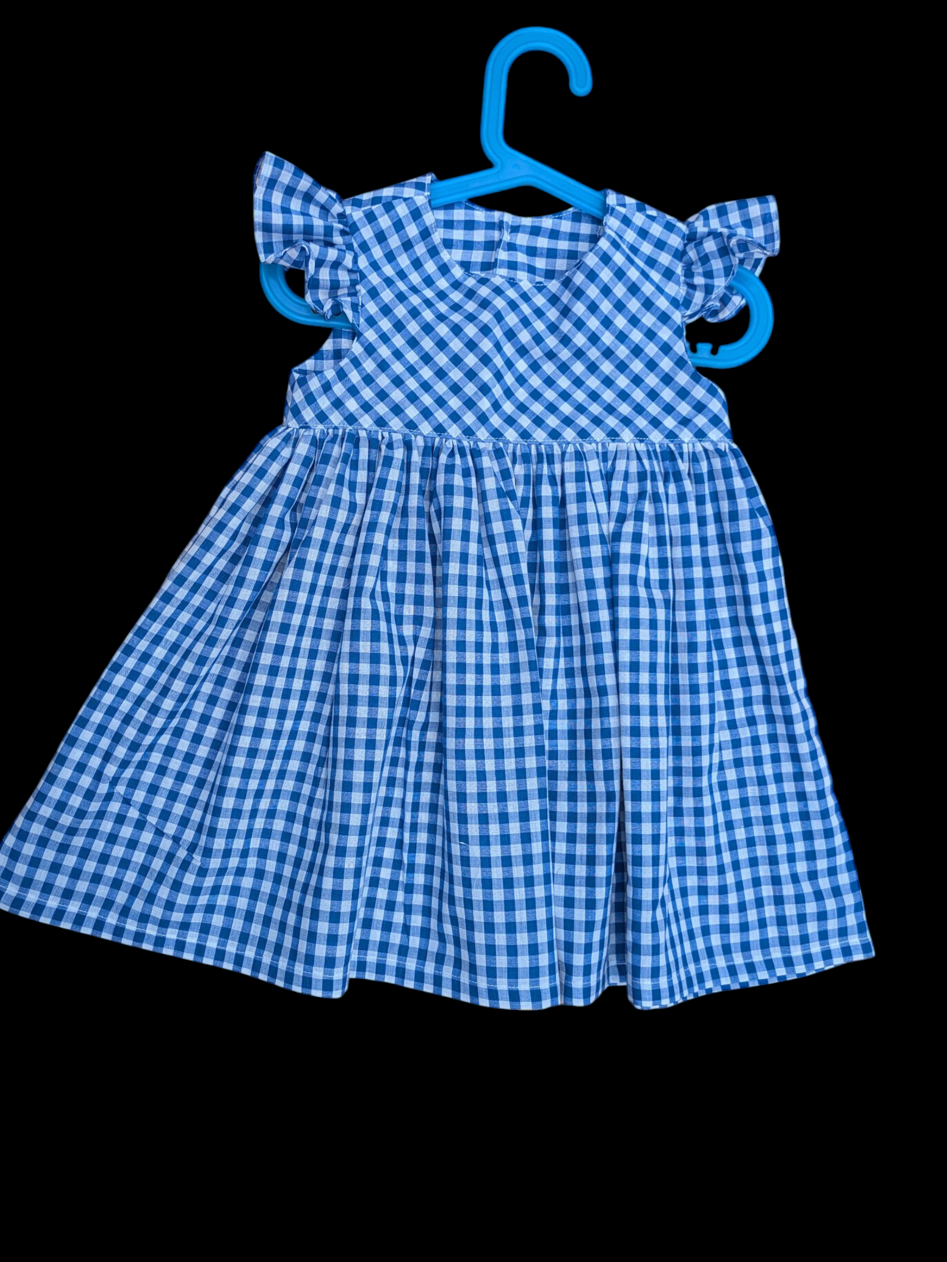 Blue check frill sleeve 3-4