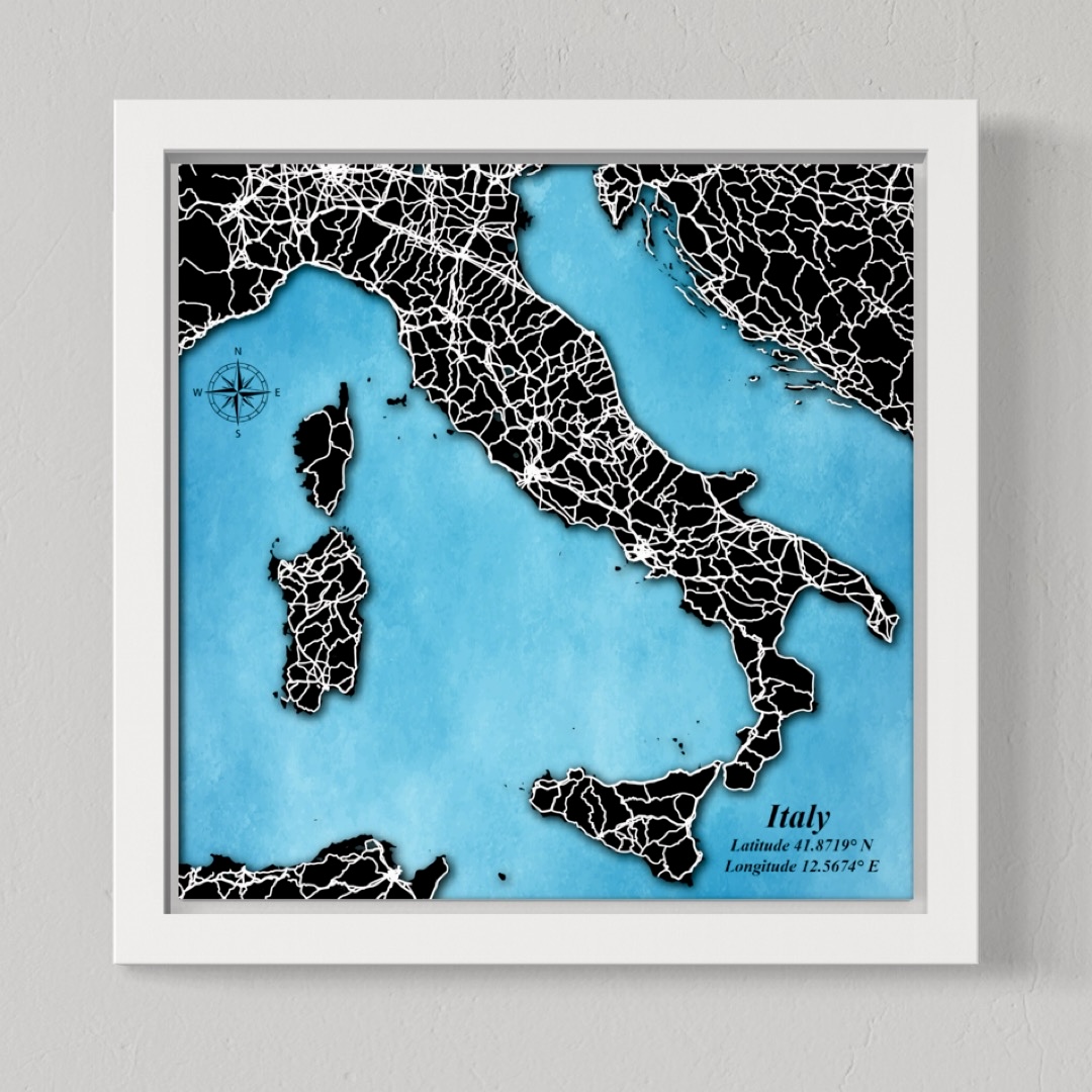 Italy Map (Black Land, White Roads)