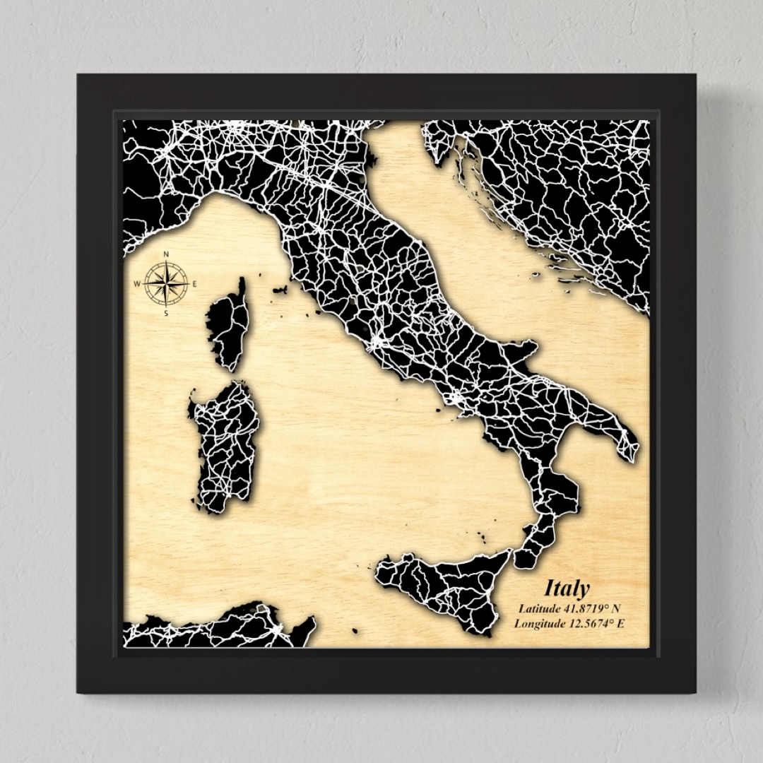 Italy Map (Black Land, White Roads)