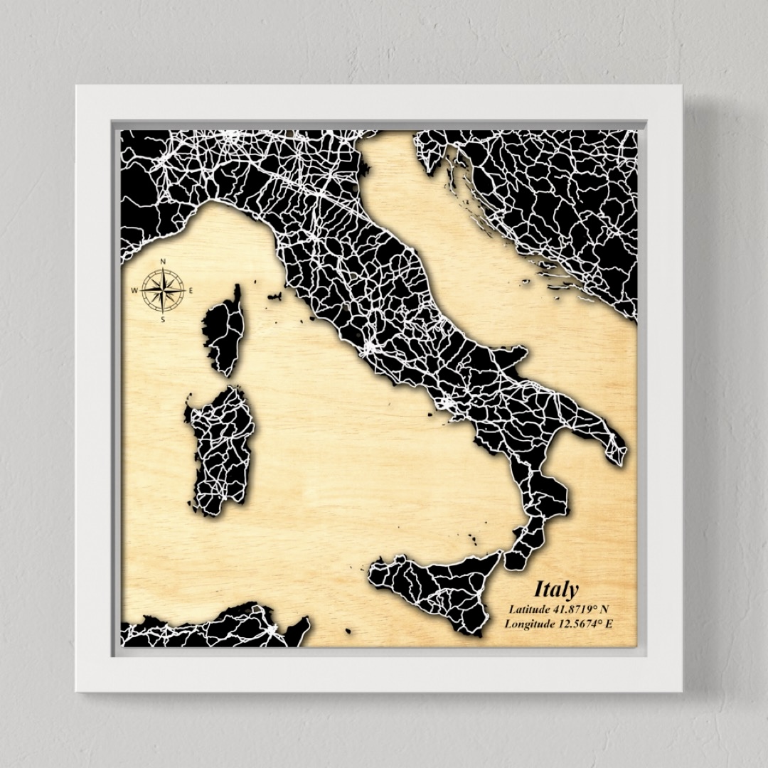 Italy Map (Black Land, White Roads)
