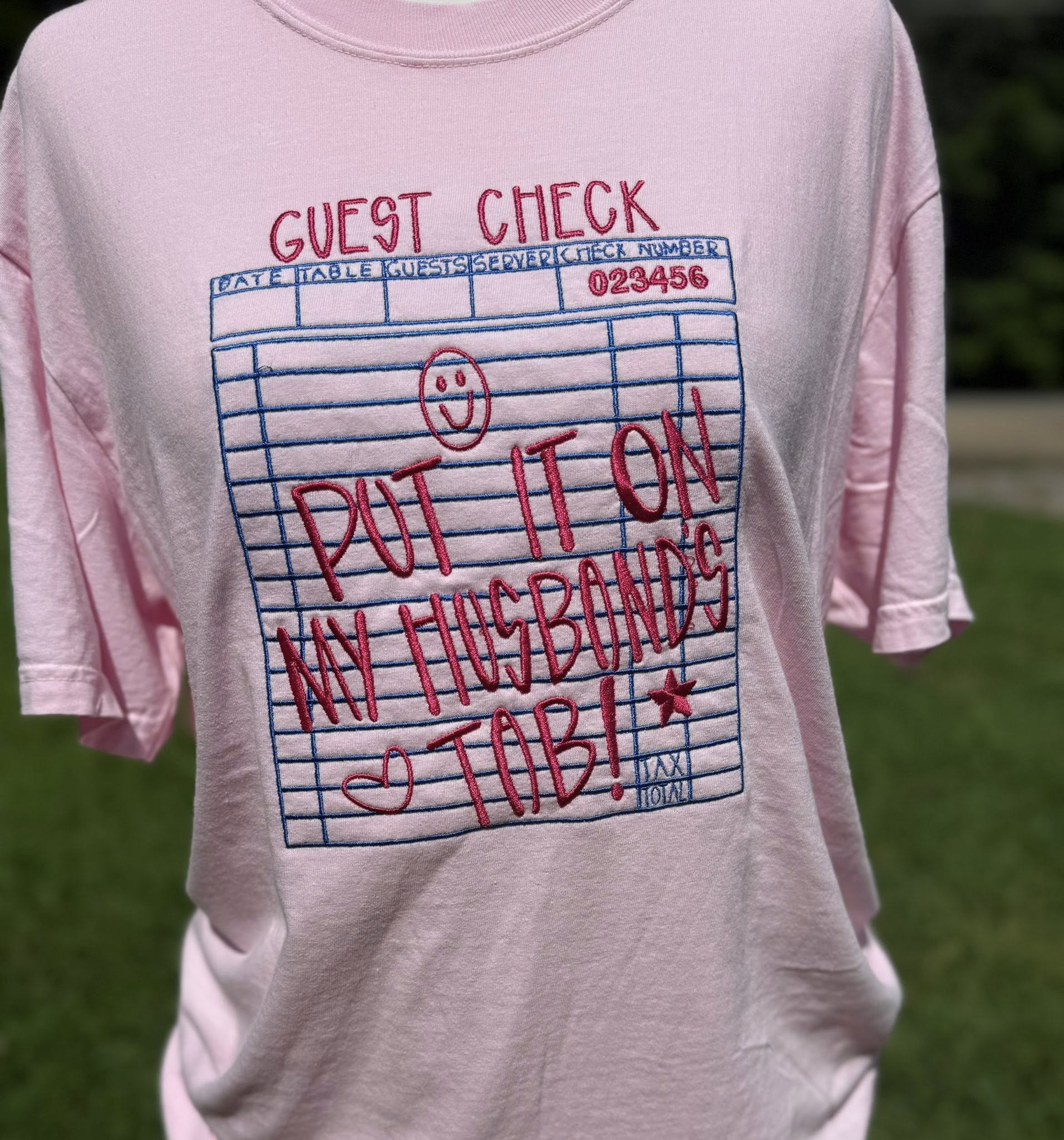 Pink 'Put It On My Husband's Tab' Embroidered T-Shirt