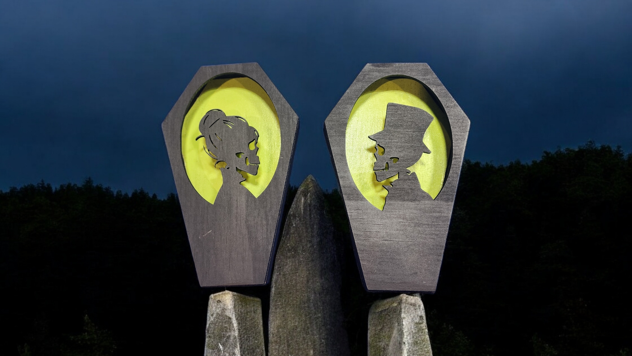 Spooky Bride and Groom Skeliton Coffins Lighted shadowbox
