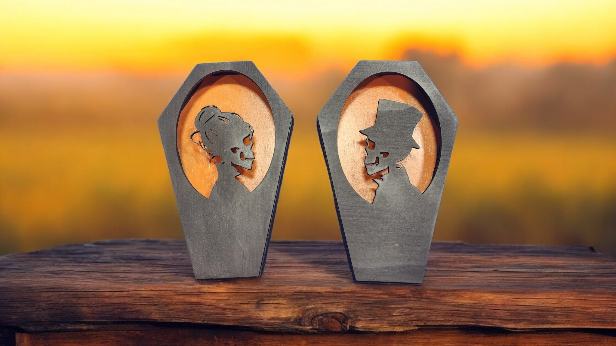 Spooky Bride and Groom Skeliton Coffins Lighted shadowbox