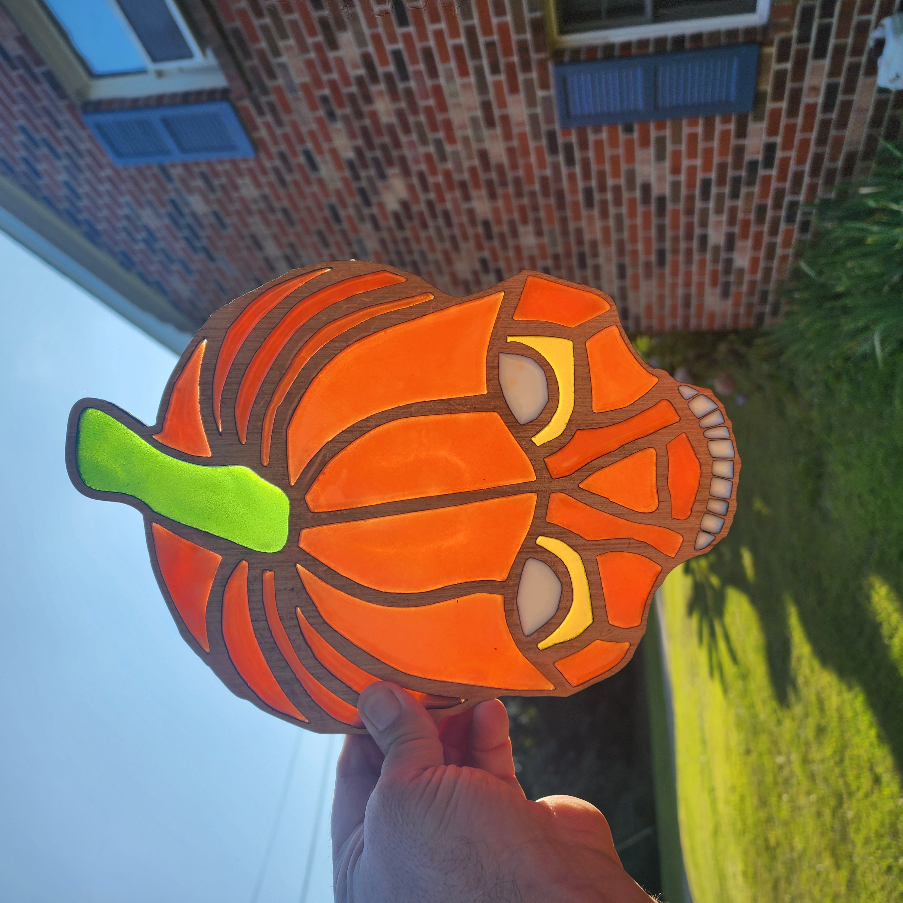 Faux Stained Glass Pumpkin Skull Window Accent