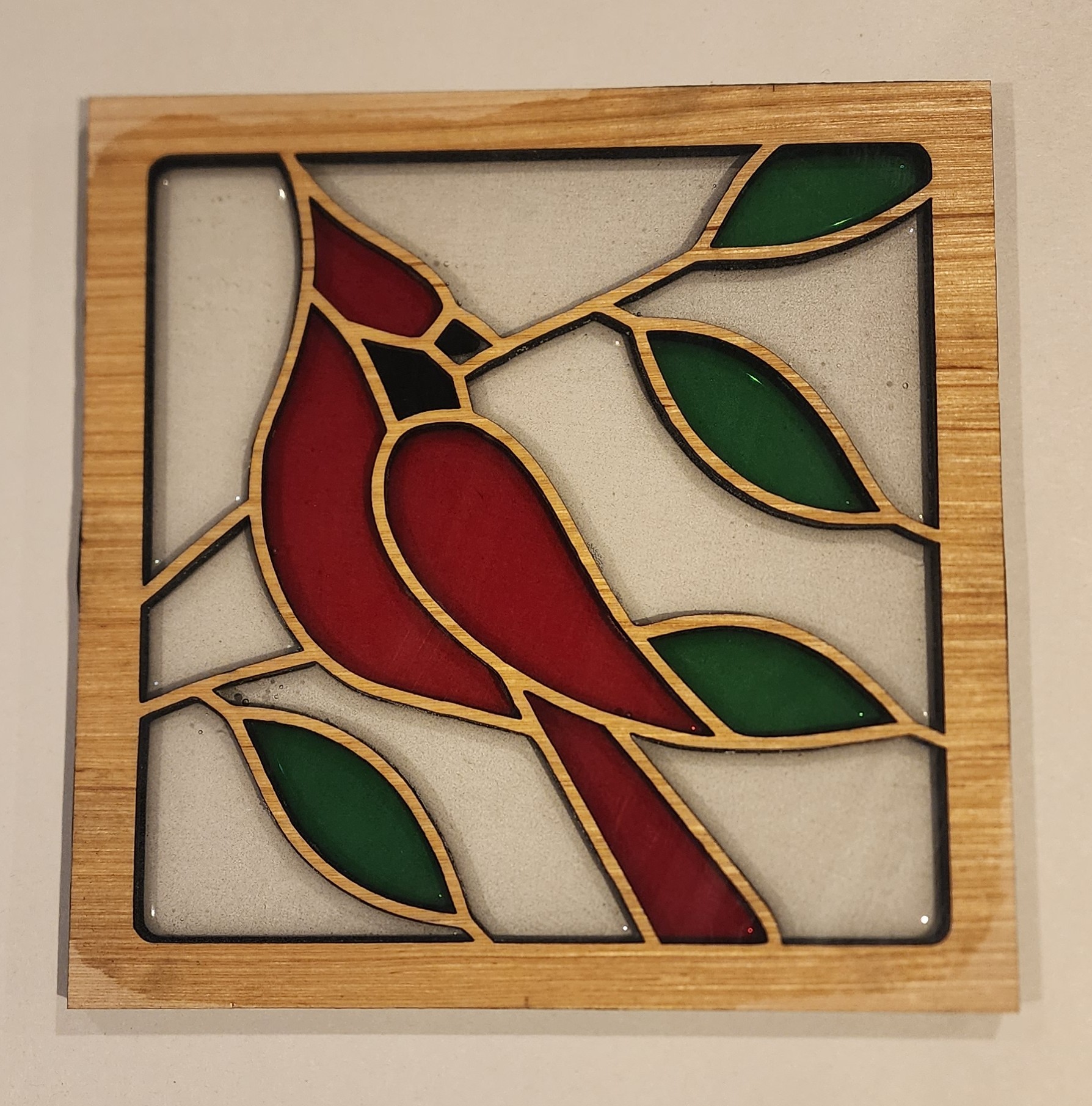 Faux Stained Glass Cardinal Window Accent