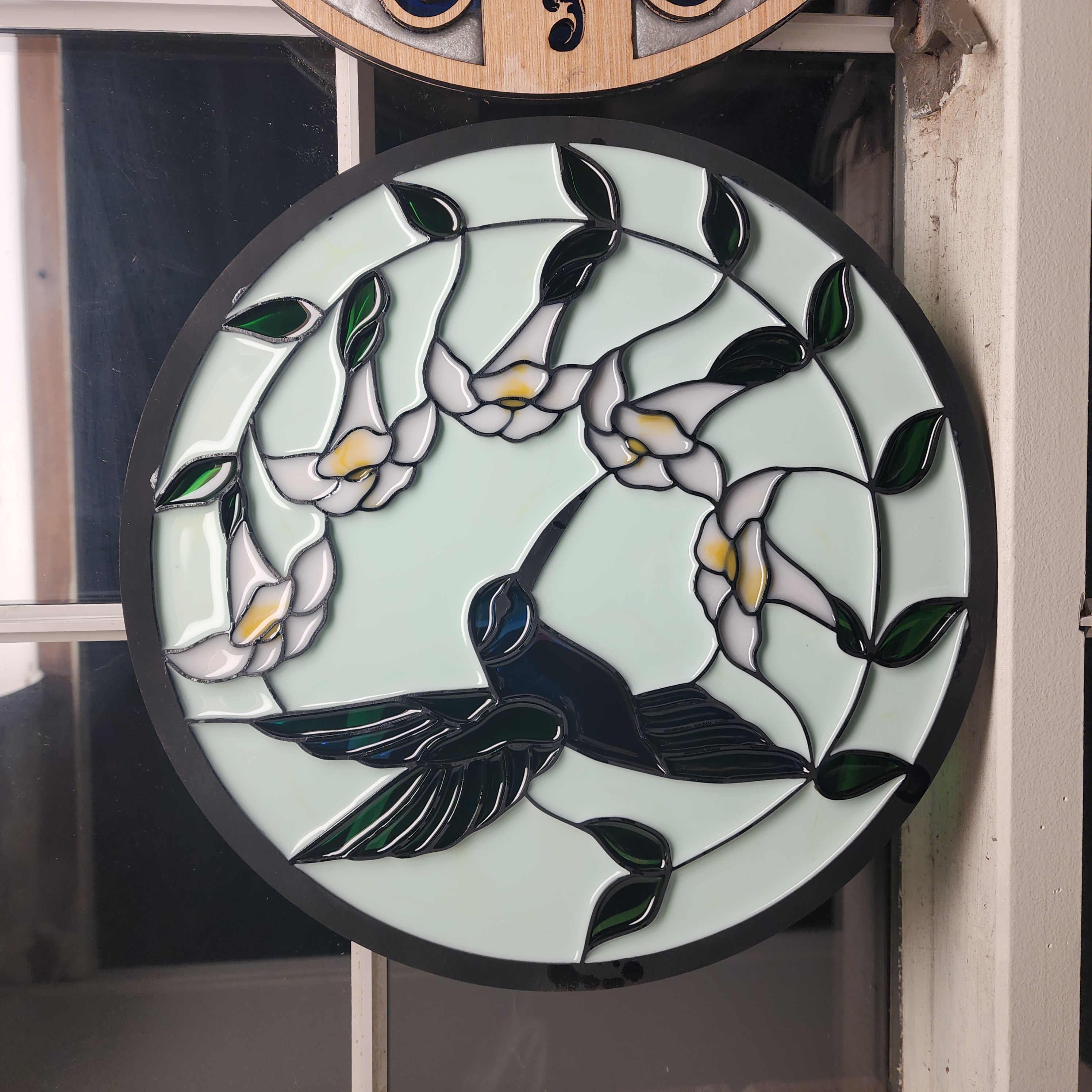 11" Round Hummingbird Faux Stained Glass 