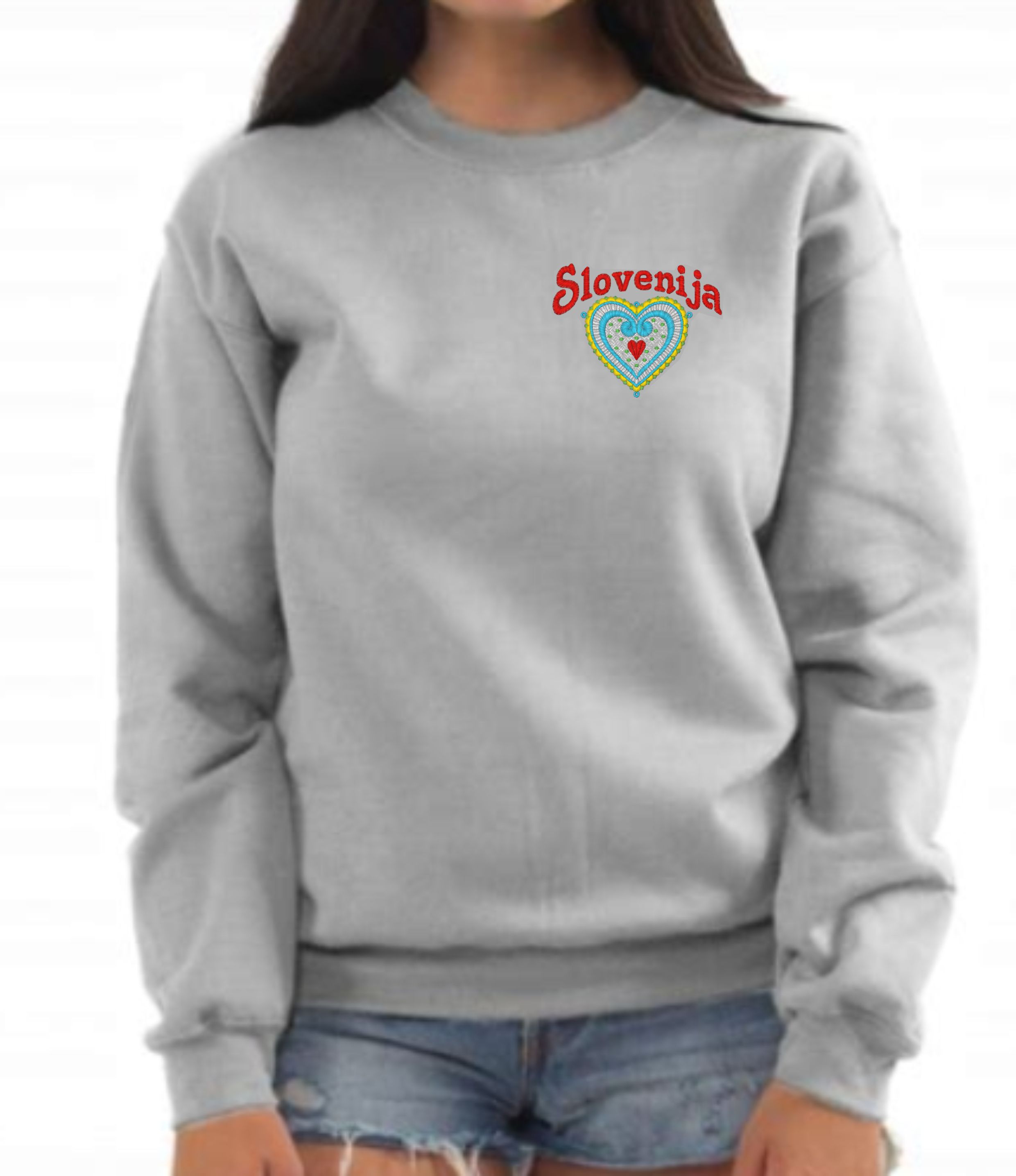 Slovenia Ladies Lace Heart Embroidered Crewneck Sweatshirt