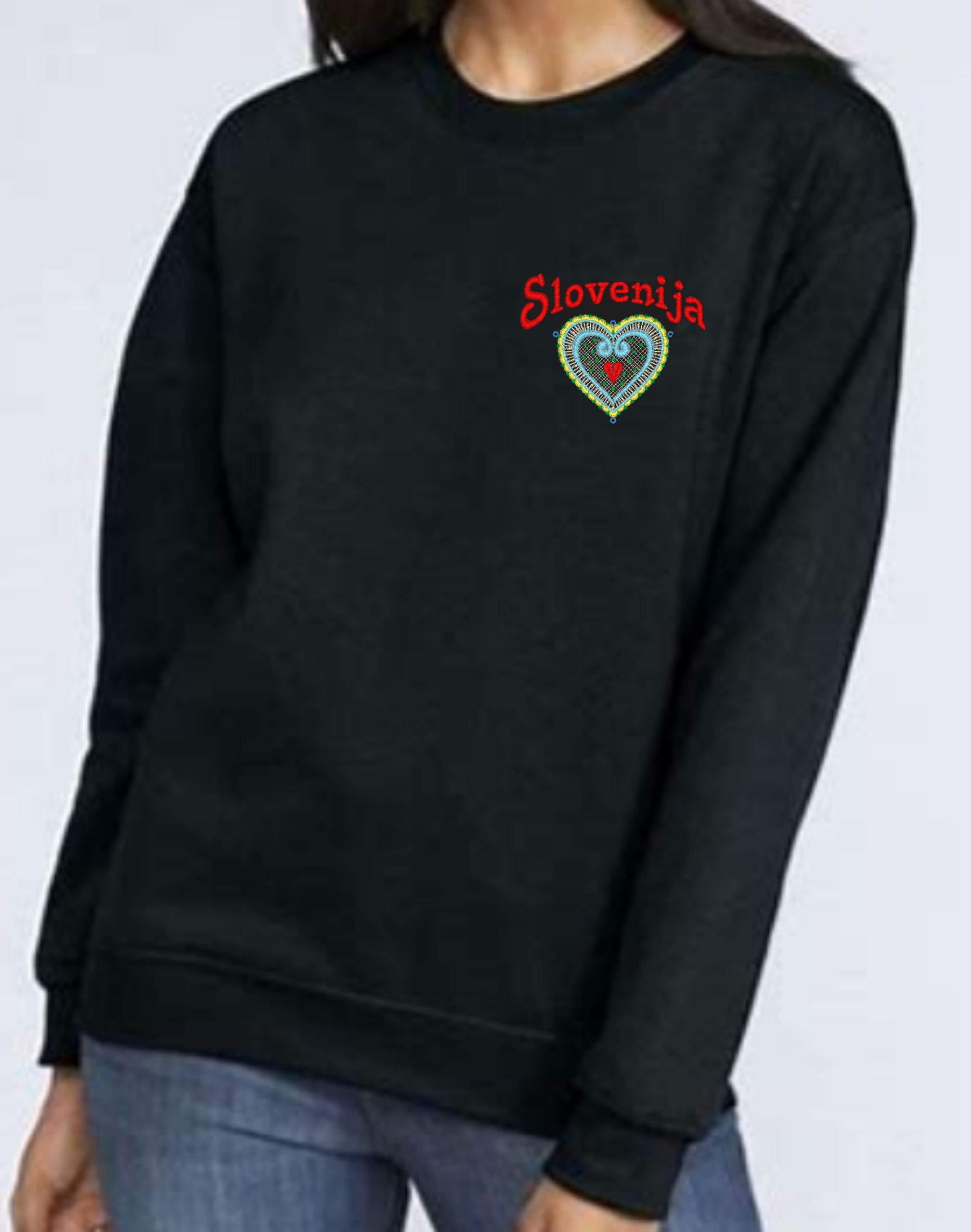 Slovenia Ladies Lace Heart Embroidered Crewneck Sweatshirt