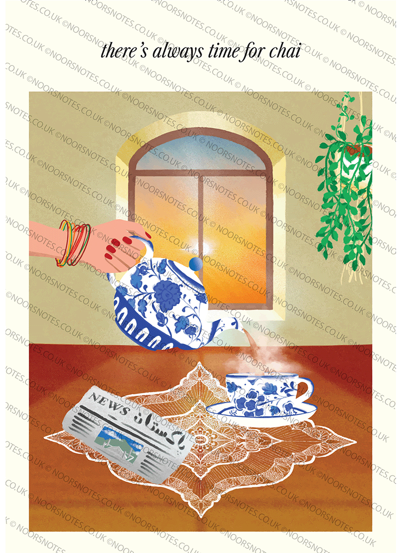 There's Always Time for Chai - Lahore Sunset Print, Pakistani Multani Tea Set A4 Wall Art, Hand Drawn | Noor's Notes