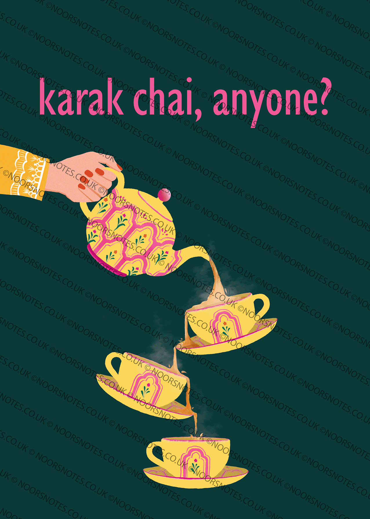 Karak Chai, Anyone? Tea Set Cosy Autumn Print, Ornate Pakistani Indian A4 Wall Art, Hand Drawn | Noor's Notes