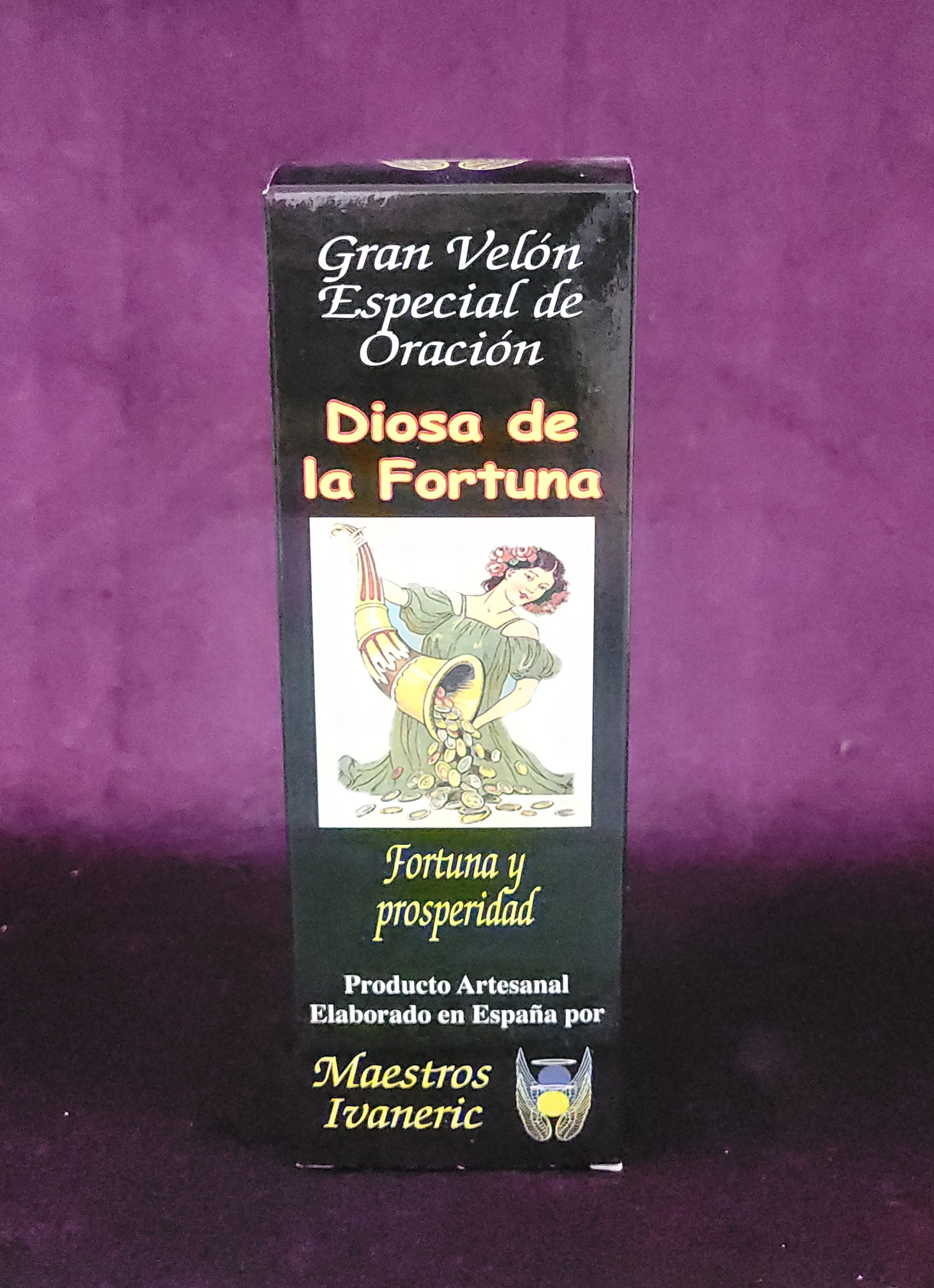 Velón con Oración Diosa de la Fortuna atrae fortuna y prosperidad