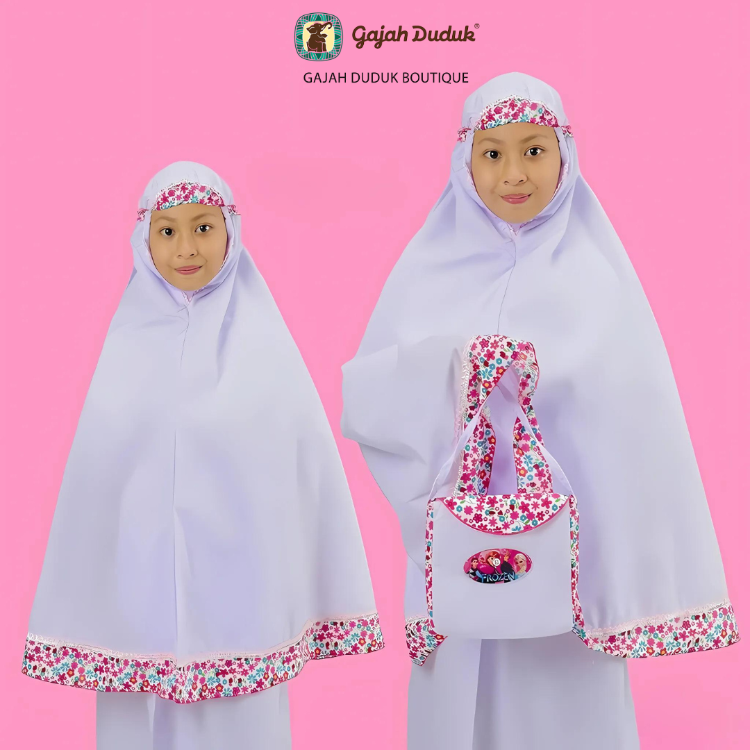 Telekung Budak Frozen Warna & Putih (1 - 9 Tahun)  Kain Berkualiti Lembut Sejuk Percuma Beg