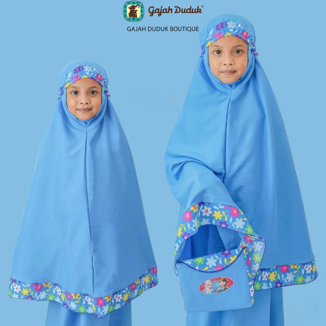 Telekung Budak Frozen Warna & Putih (1 - 9 Tahun)  Kain Berkualiti Lembut Sejuk Percuma Beg