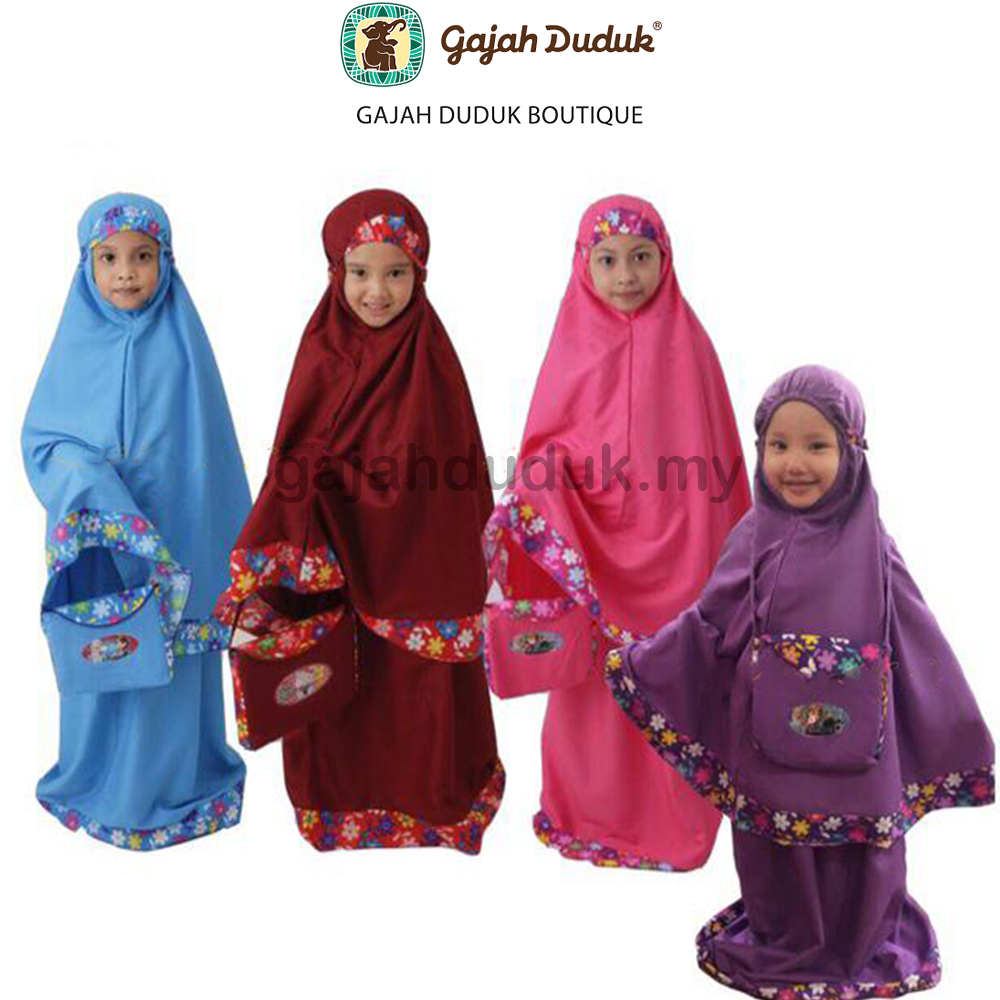 Telekung Budak Frozen Warna & Putih (1 - 9 Tahun)  Kain Berkualiti Lembut Sejuk Percuma Beg