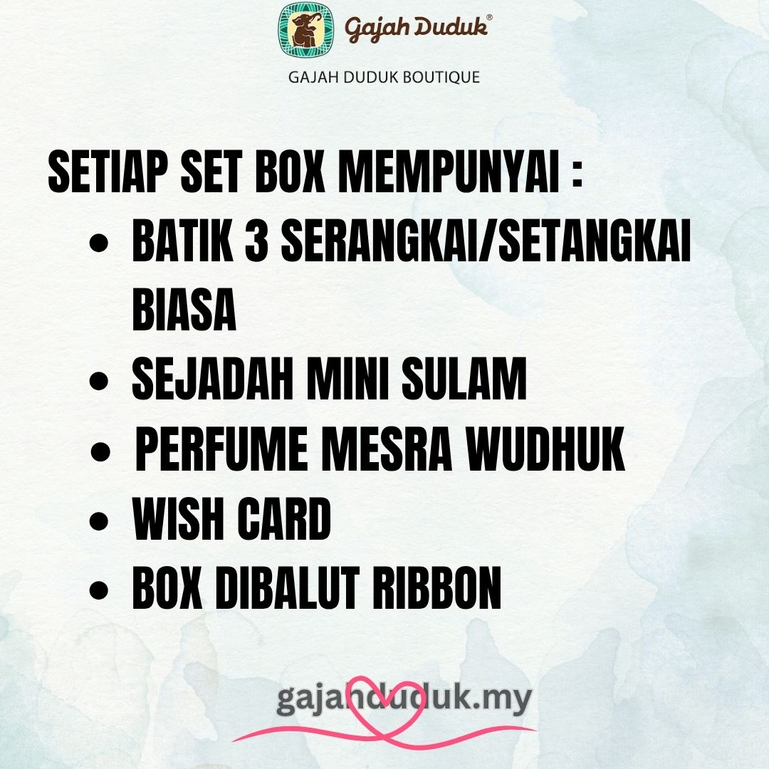 Set Gift Box Sejadah Mini Sulam , Batik 3 Serangkai/Setangkai Biasa & Perfume Mesra Wudhuk