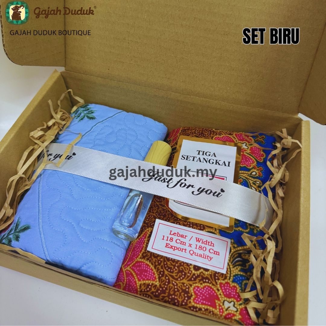 Set Gift Box Sejadah Mini Sulam , Batik 3 Serangkai/Setangkai Biasa & Perfume Mesra Wudhuk