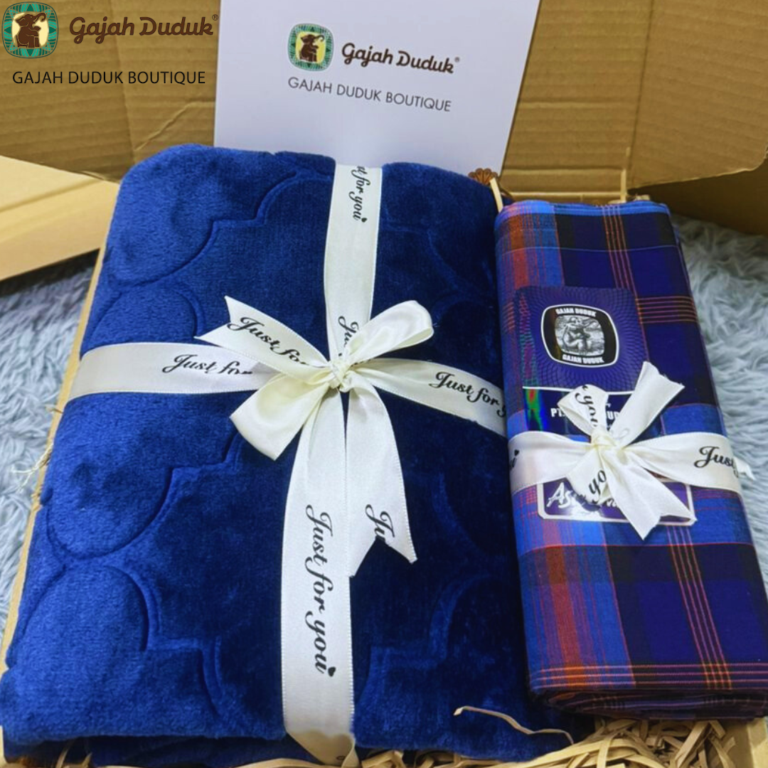 Set Gift Box Sejadah Gebu + Kain Pelikat Gajah Duduk Free Wish Card & Kotak Dibalut Ribbon Sesuai Untuk Hadiah