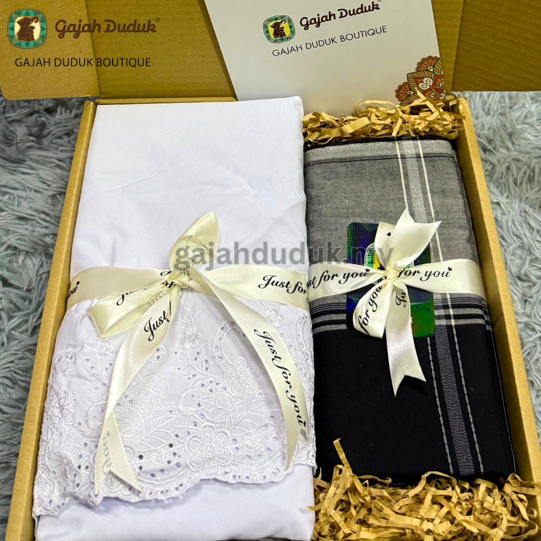 Set Box Hantaran Exclusive  Telekung Premium Cotton + GD Asia Prima Black & White (5000 Benang)