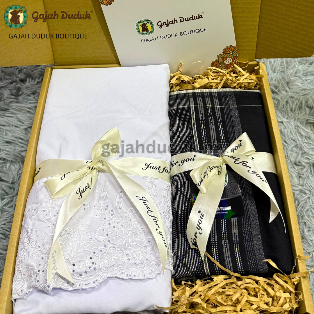 Set Box Hantaran Exclusive  Telekung Premium Cotton + GD Asia Prima Black & White (5000 Benang)