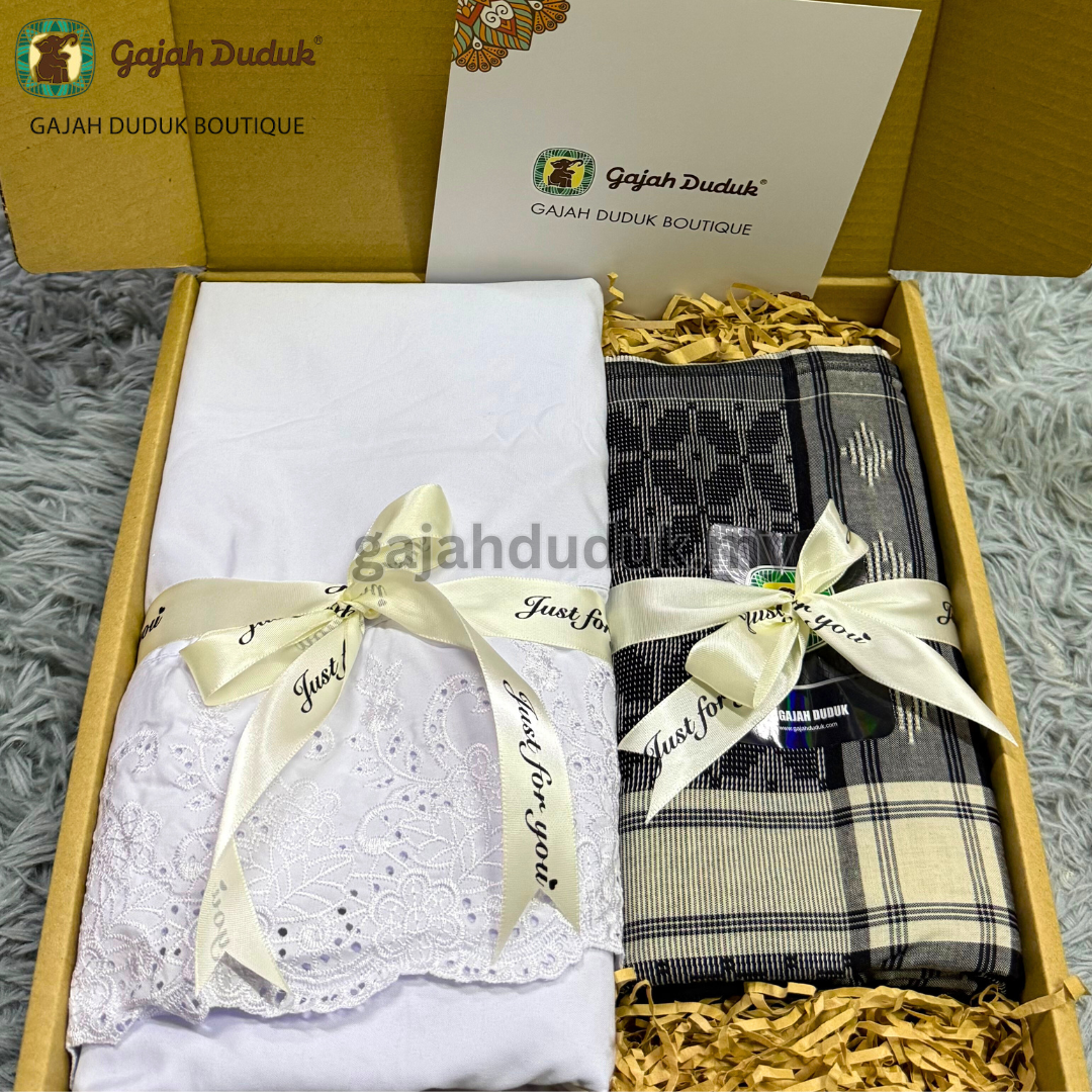 Set Box Hantaran Exclusive  Telekung Premium Cotton + GD Asia Prima Black & White (5000 Benang)