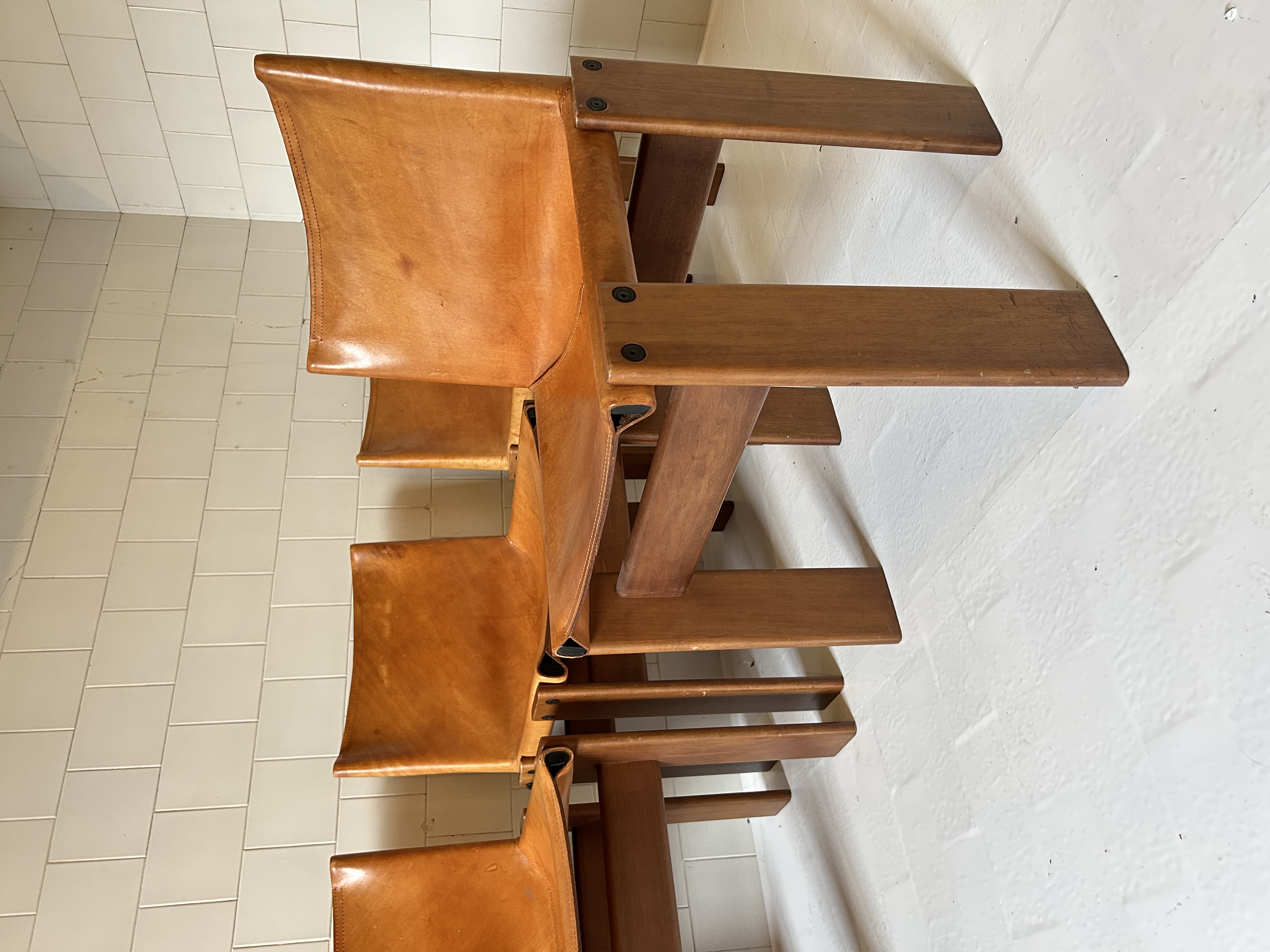 "Monk" Set of four dining chairs in wood and leather Design By Afra & Tobia Scarpa Prod. Molteni, Italy, 1970