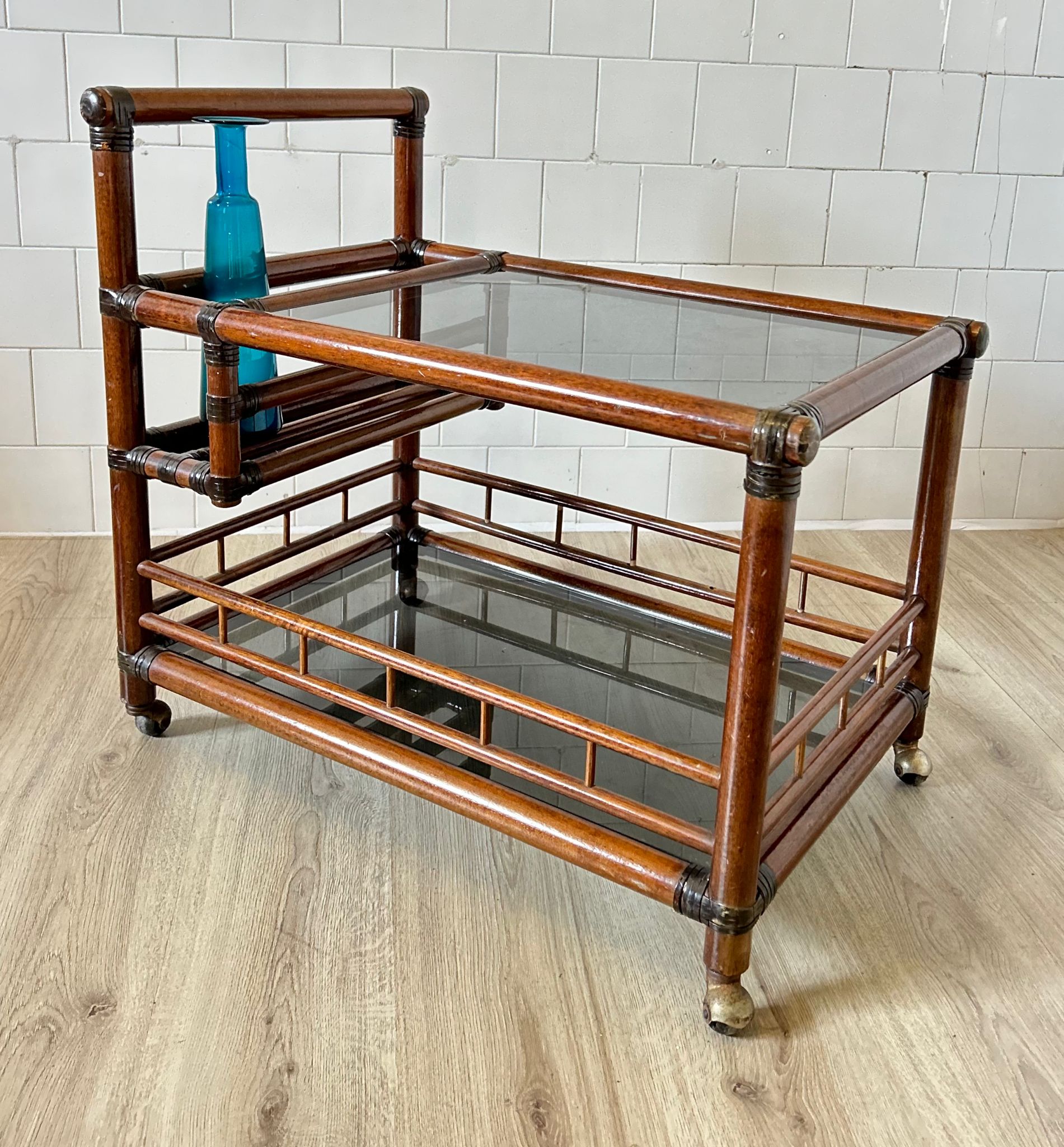 Vintage bamboo bar trolley with smoked glass, 1960s , Italy