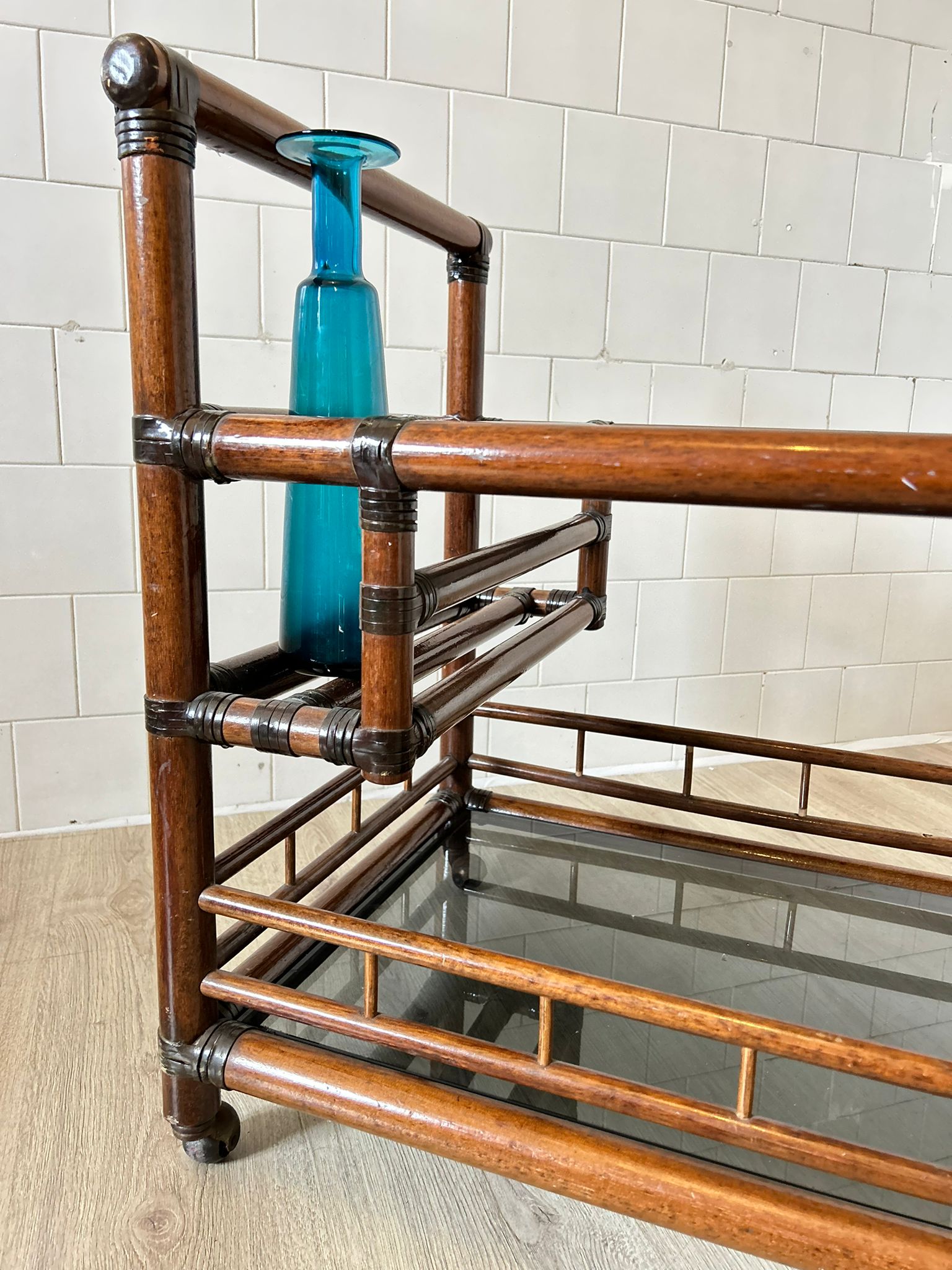 Vintage bamboo bar trolley with smoked glass, 1960s , Italy