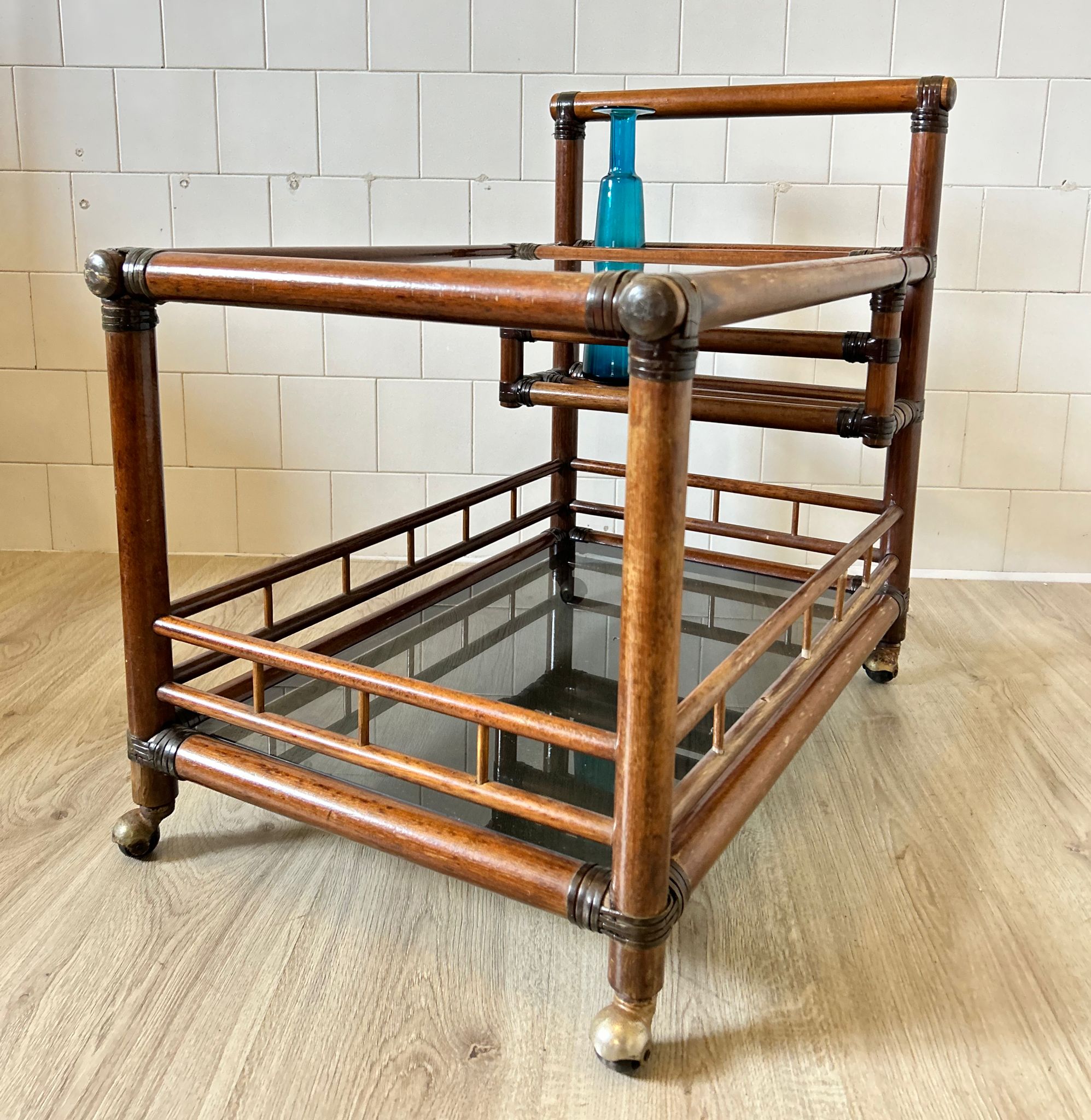 Vintage bamboo bar trolley with smoked glass, 1960s , Italy