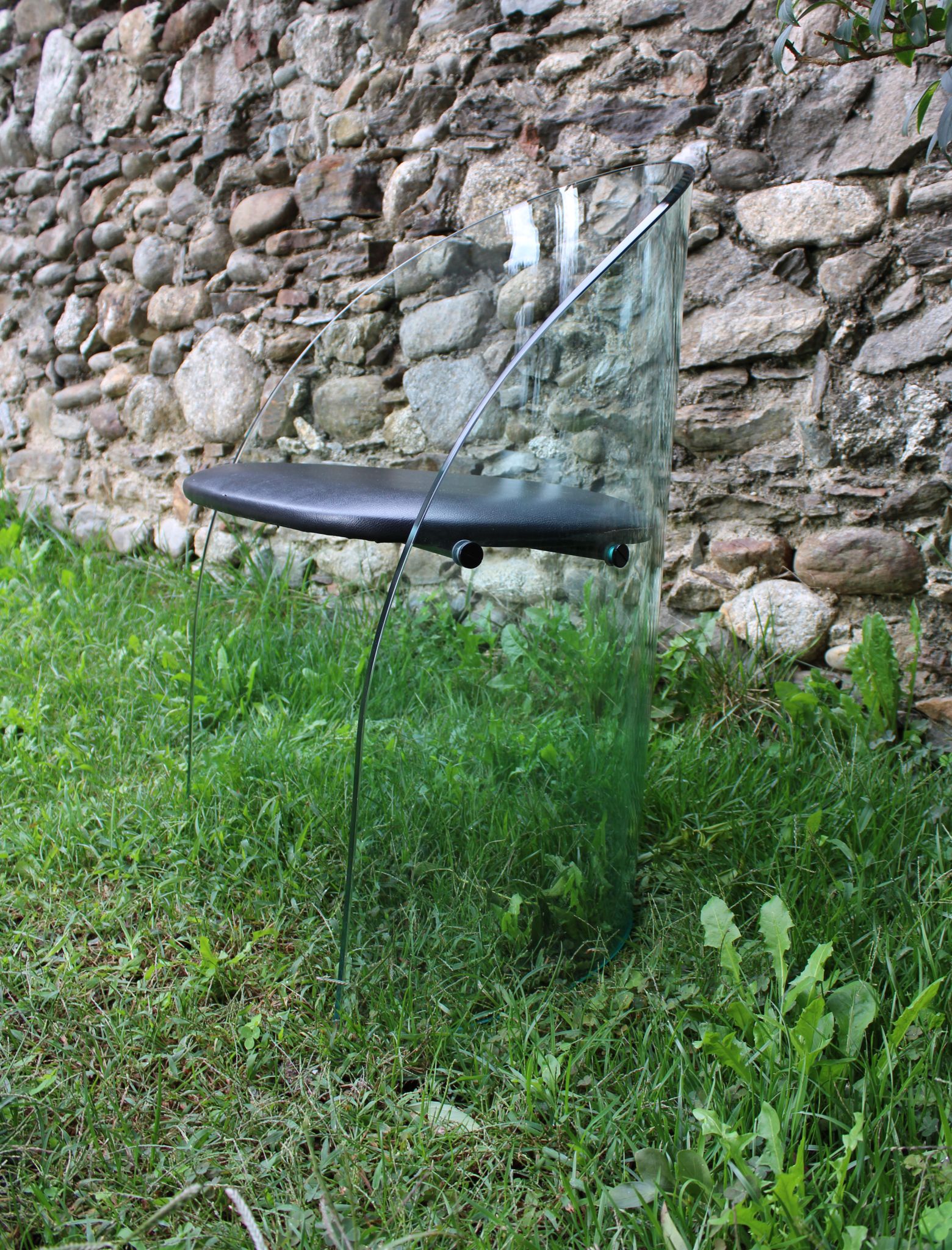 Rare Glass Chair , In glass and lather  Fiam Italy  1980