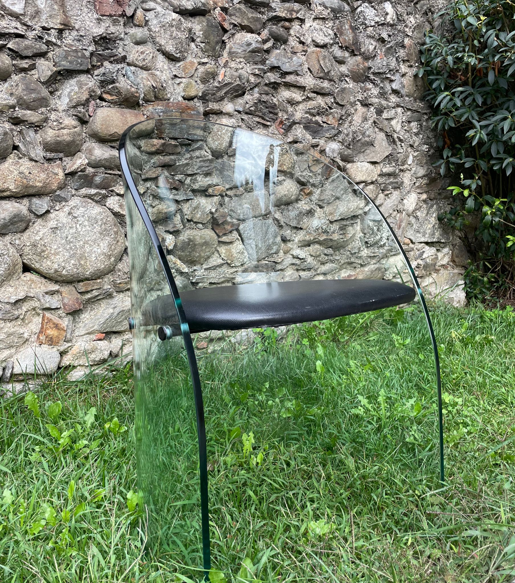 Rare Glass Chair , In glass and lather  Fiam Italy  1980