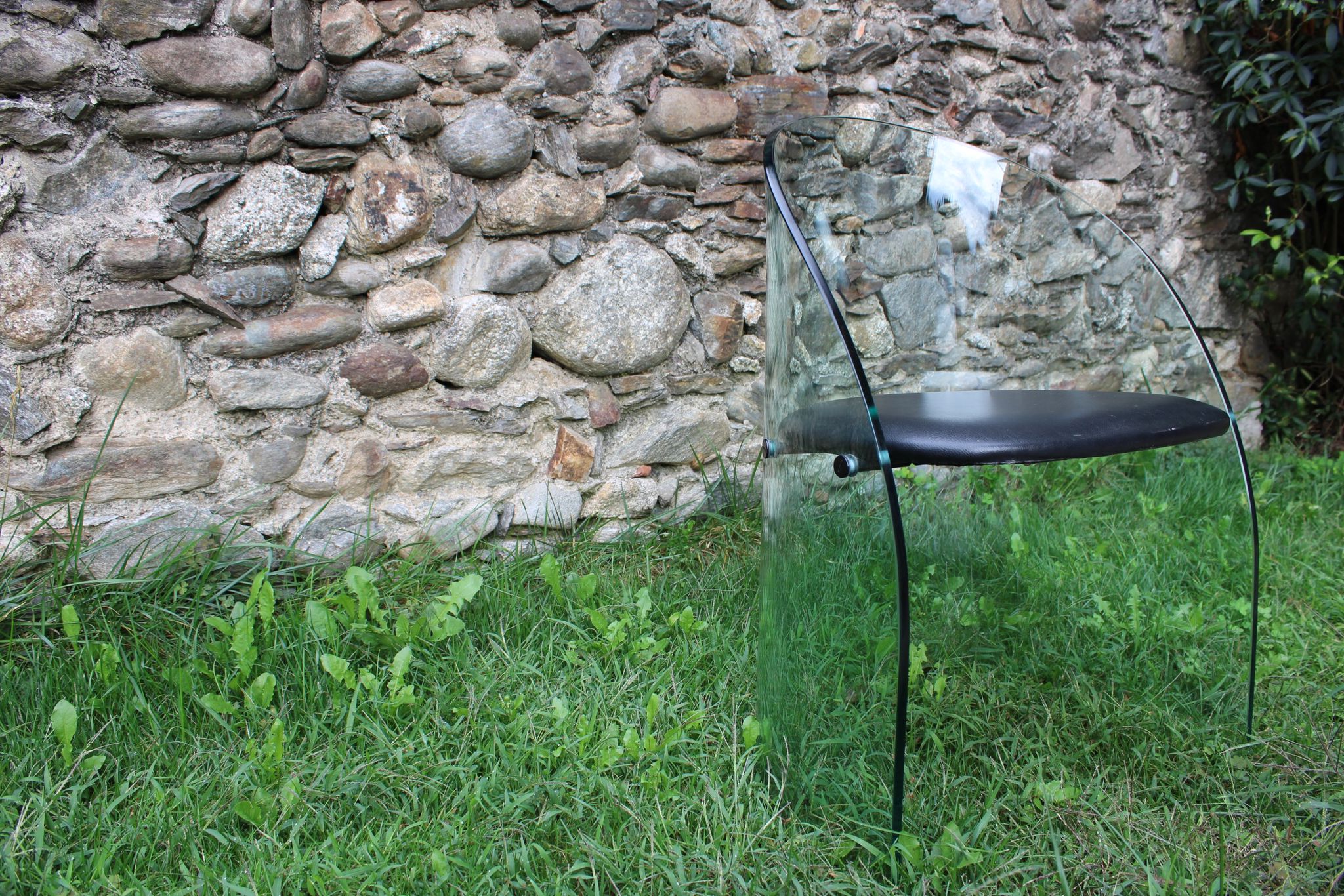 Rare Glass Chair , In glass and lather  Fiam Italy  1980