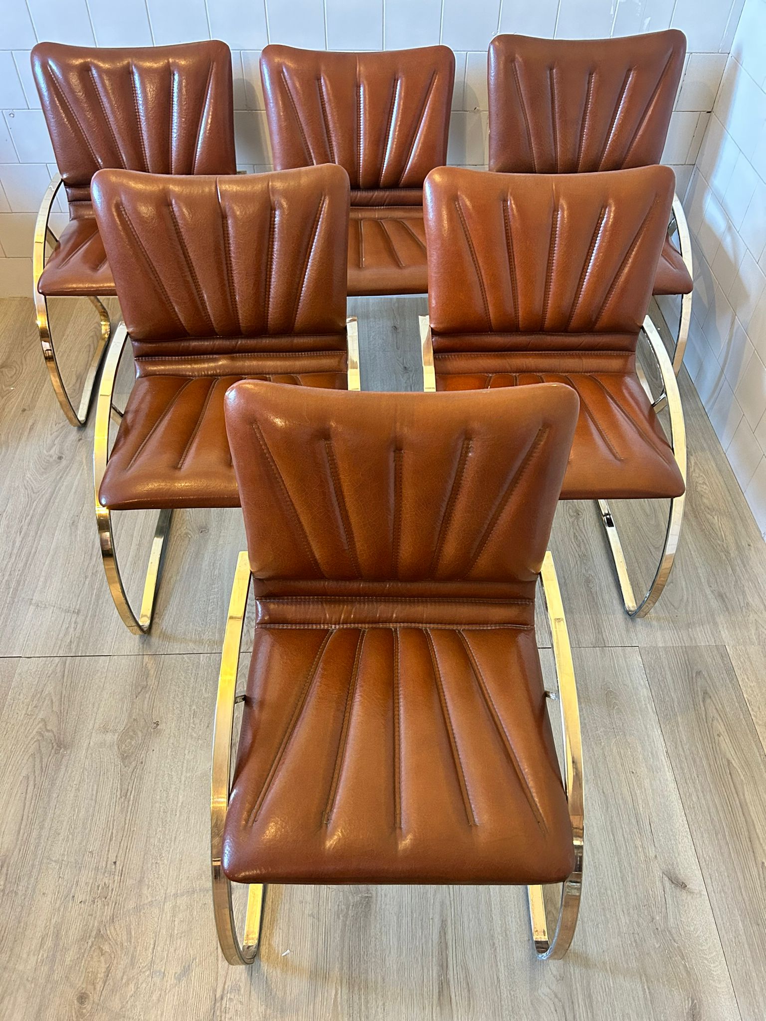 Set Of Six Brass And Leather Chairs , Italy, 1970s