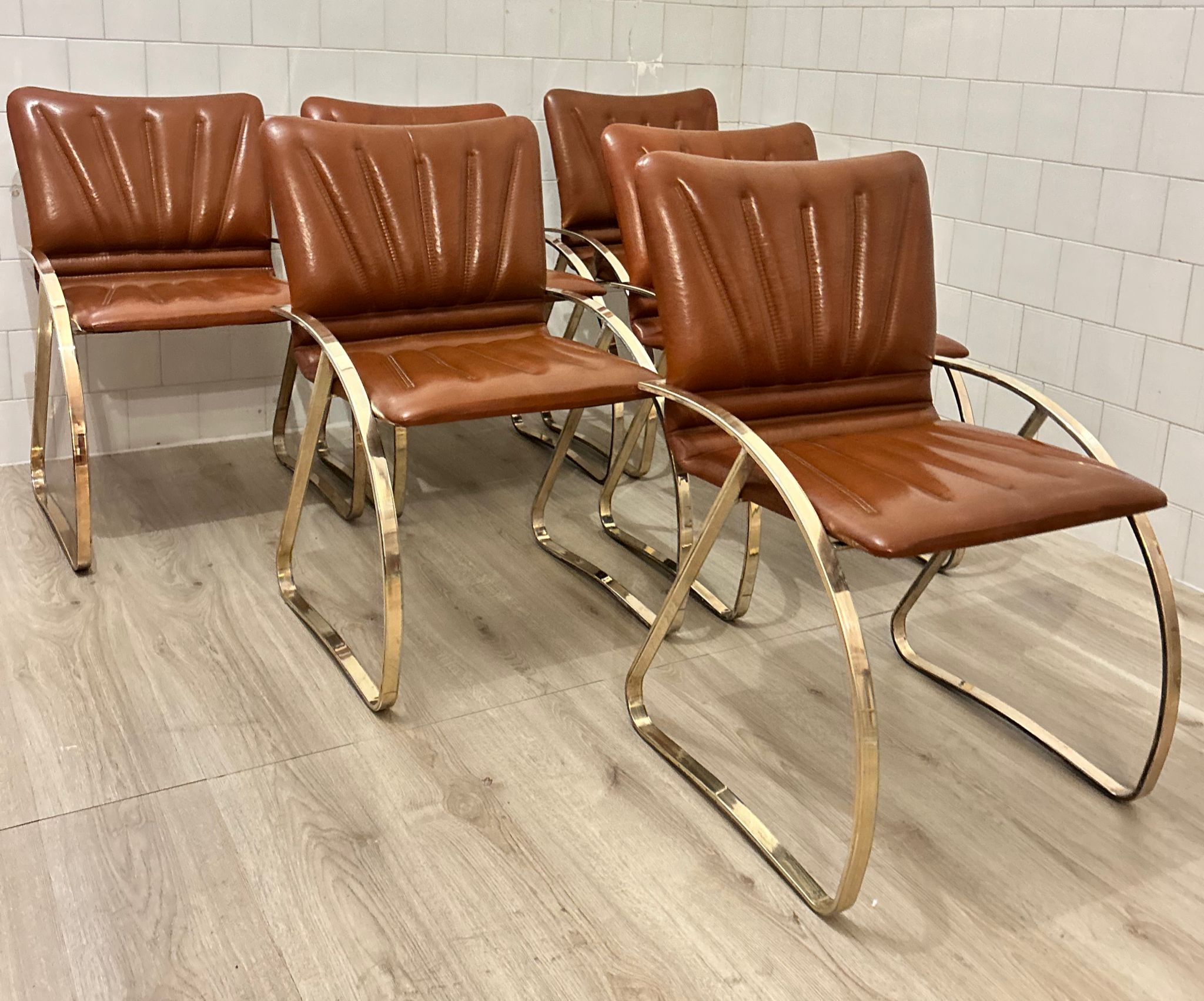 Set Of Six Brass And Leather Chairs , Italy, 1970s