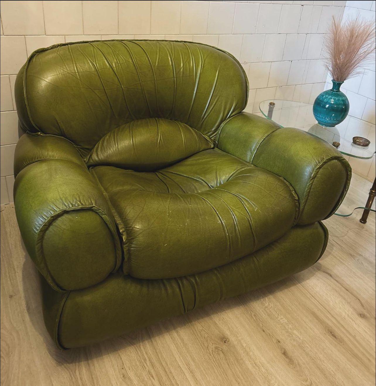Green Leather Armchairs, Italy, 1960s, Set of 2