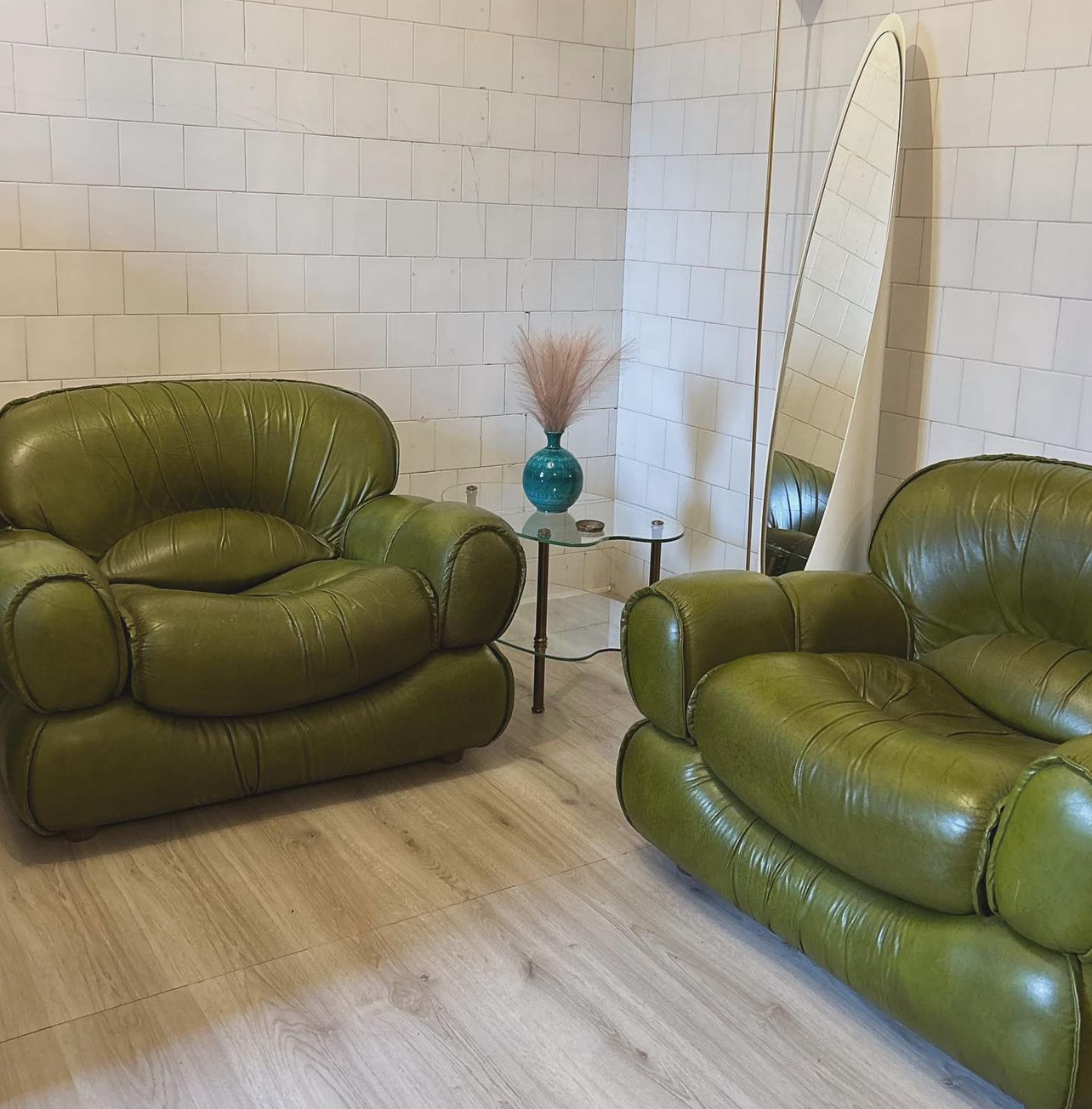 Green Leather Armchairs, Italy, 1960s, Set of 2