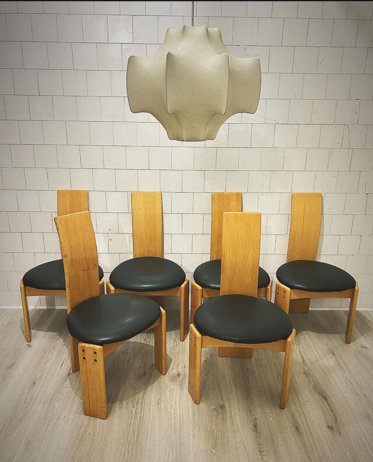 Set Of Six Italian Chairs Wooden structure and skai coverings 1970. Cm 53X50X90 Design Att. Mario Marenco Mobilgirgi
