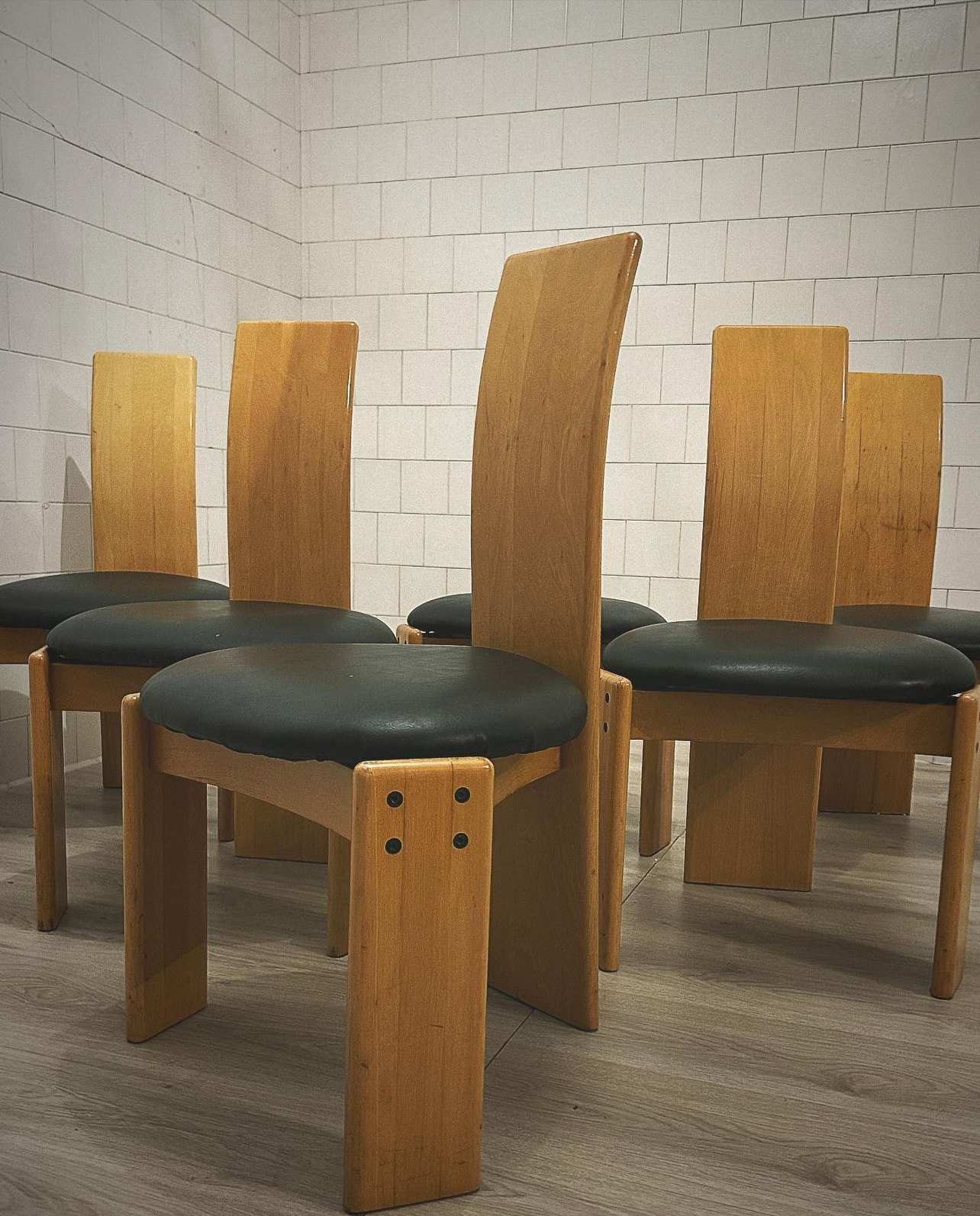 Set Of Six Italian Chairs Wooden structure and skai coverings 1970. Cm 53X50X90 Design Att. Mario Marenco Mobilgirgi