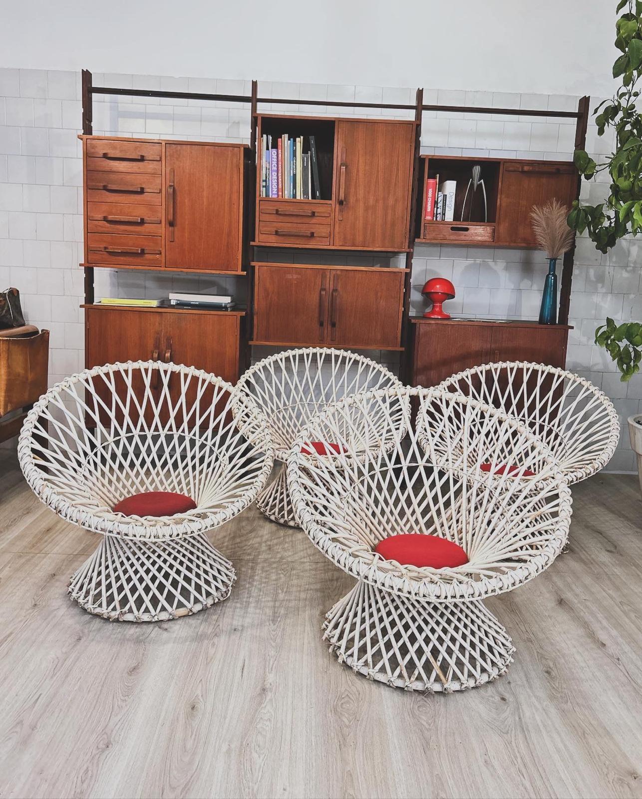 Poltroncine Vimini Bianco , Anni 70 , Set di 4