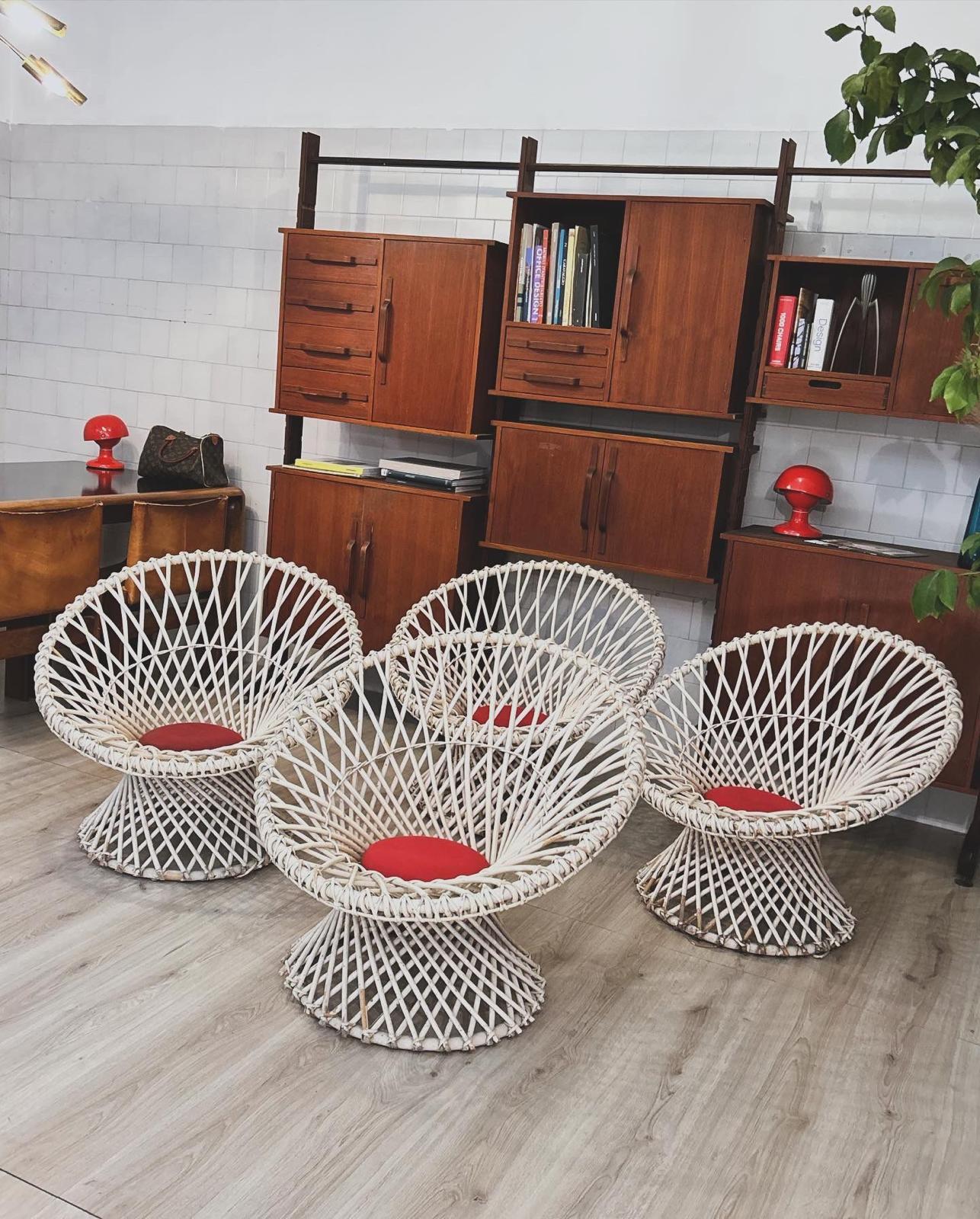 Poltroncine Vimini Bianco , Anni 70 , Set di 4