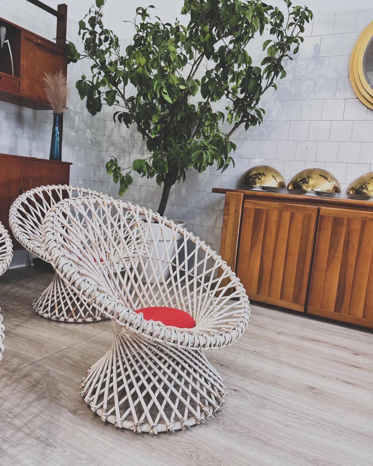 Poltroncine Vimini Bianco , Anni 70 , Set di 4