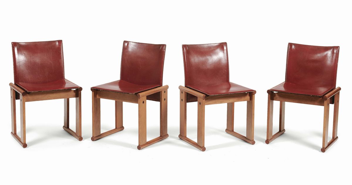 Set of four chairs with wooden frame and leather upholstery design Afra e Tobia Scarpa Italy 1970