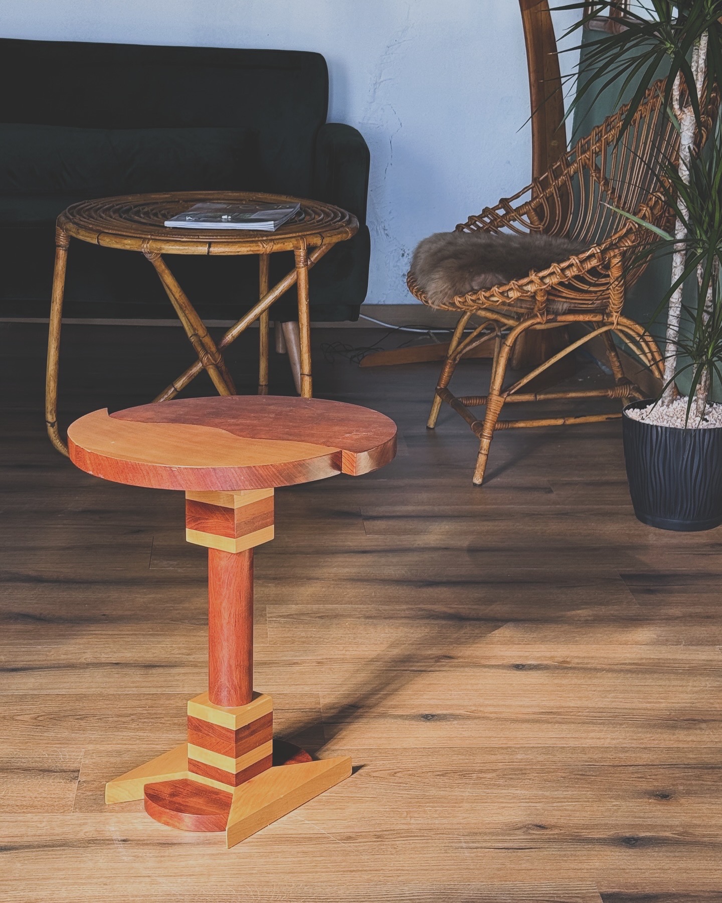 Rare Unique postmodern side table made out walnut and beech 1980s.
