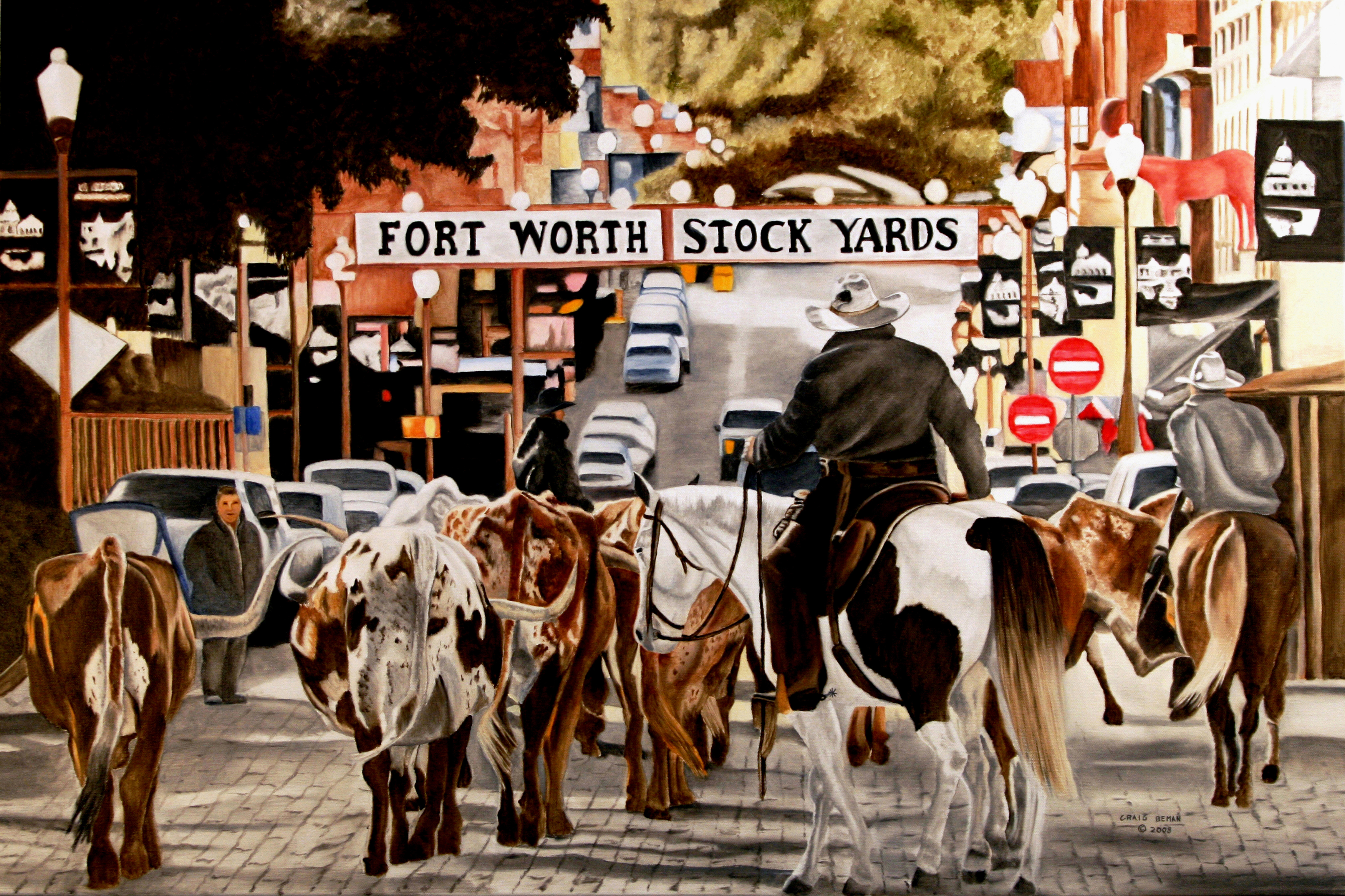 Urban Cattle Drive Original Oil on Canvas