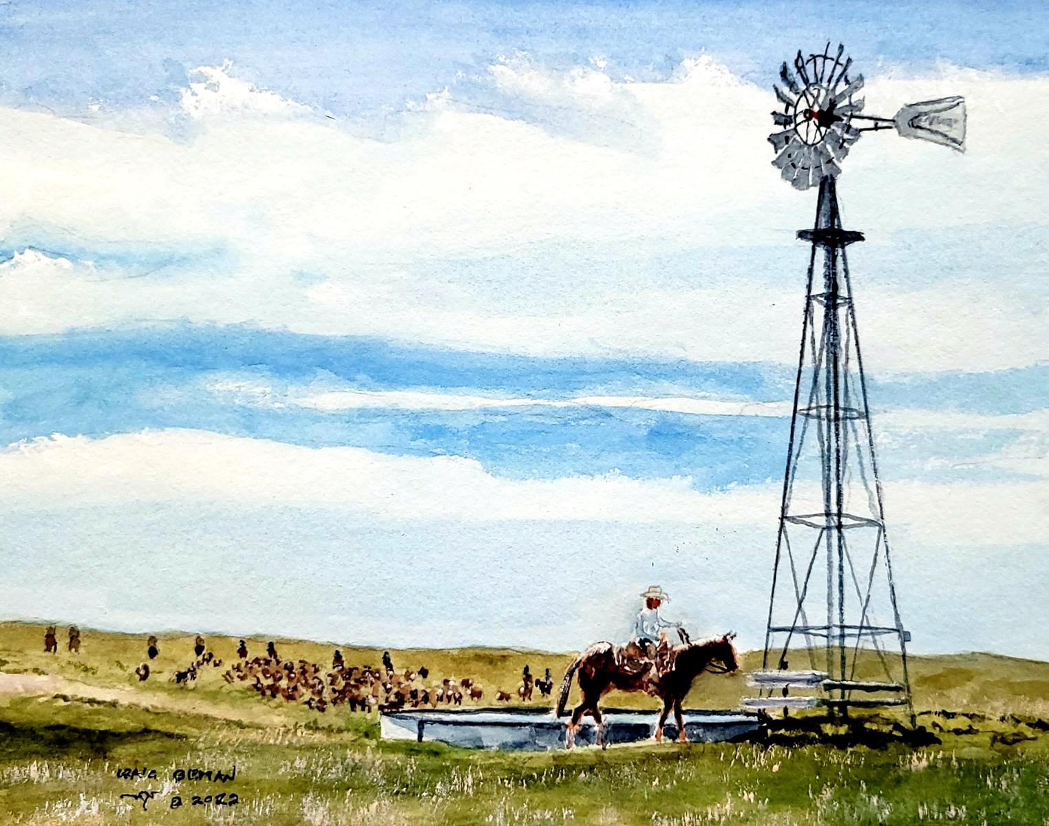 Out To Pasture Original Watercolor Painting