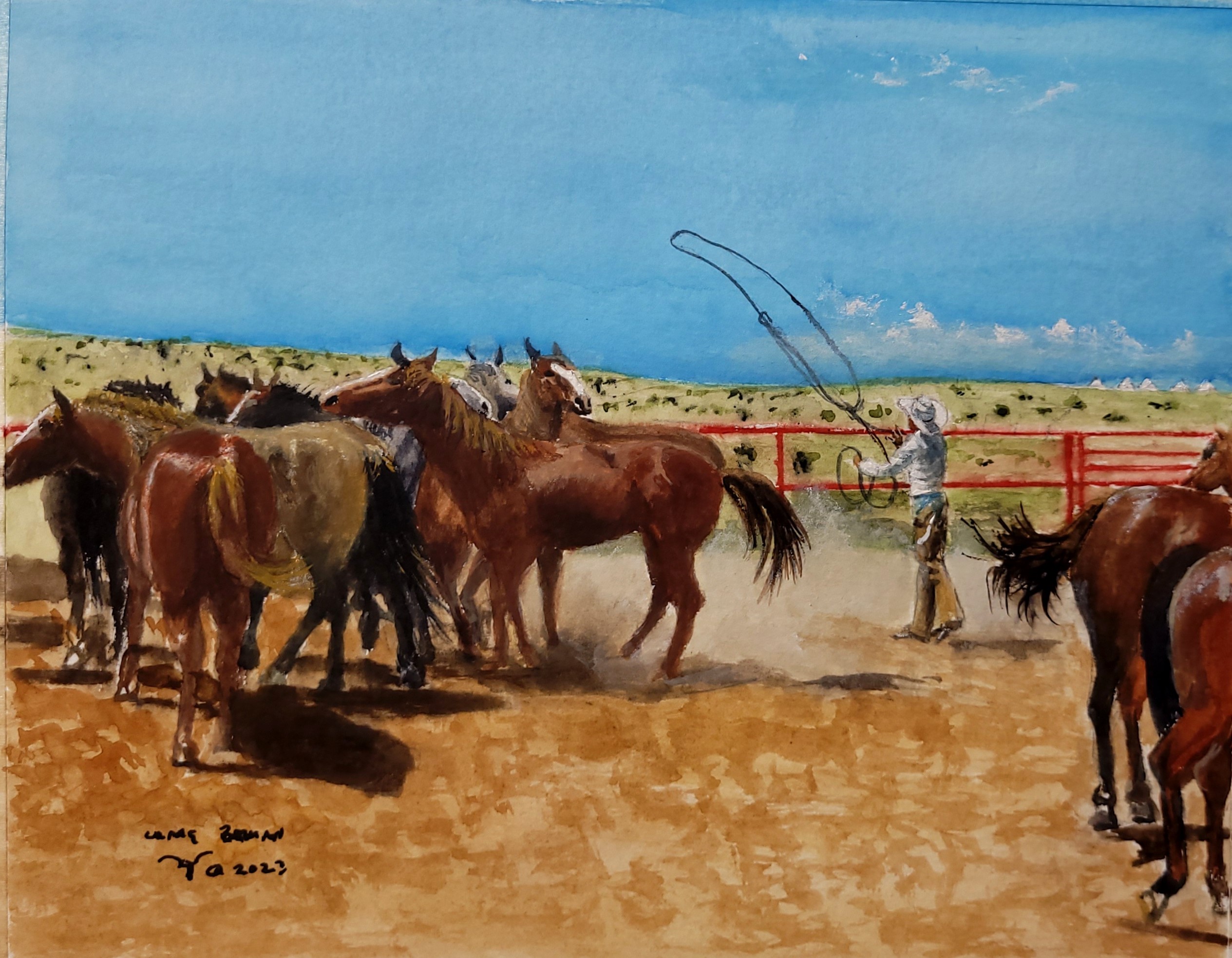 Remuda Roping Original Watercolor Painting