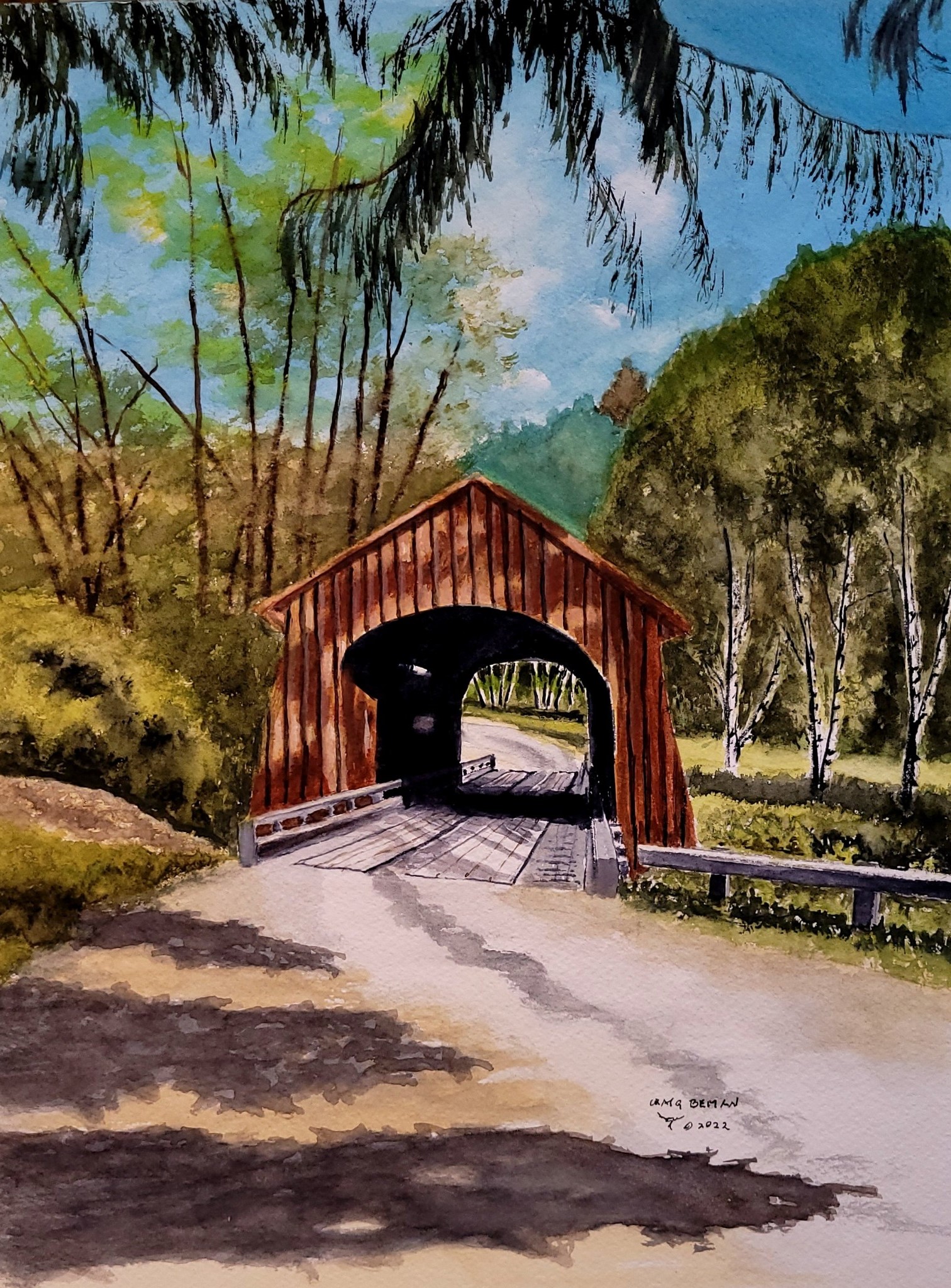 The Covered Bridge Original Watercolor Painting