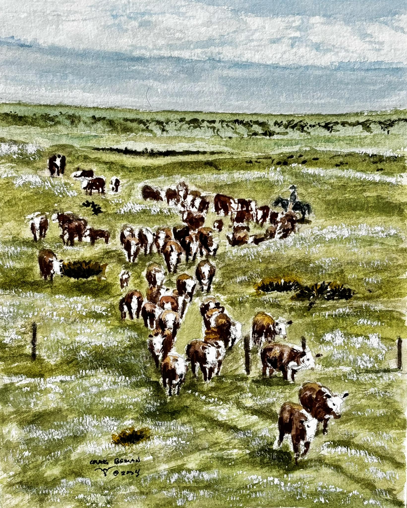 Sandhills Herefords Trail Original Watercolor Painting