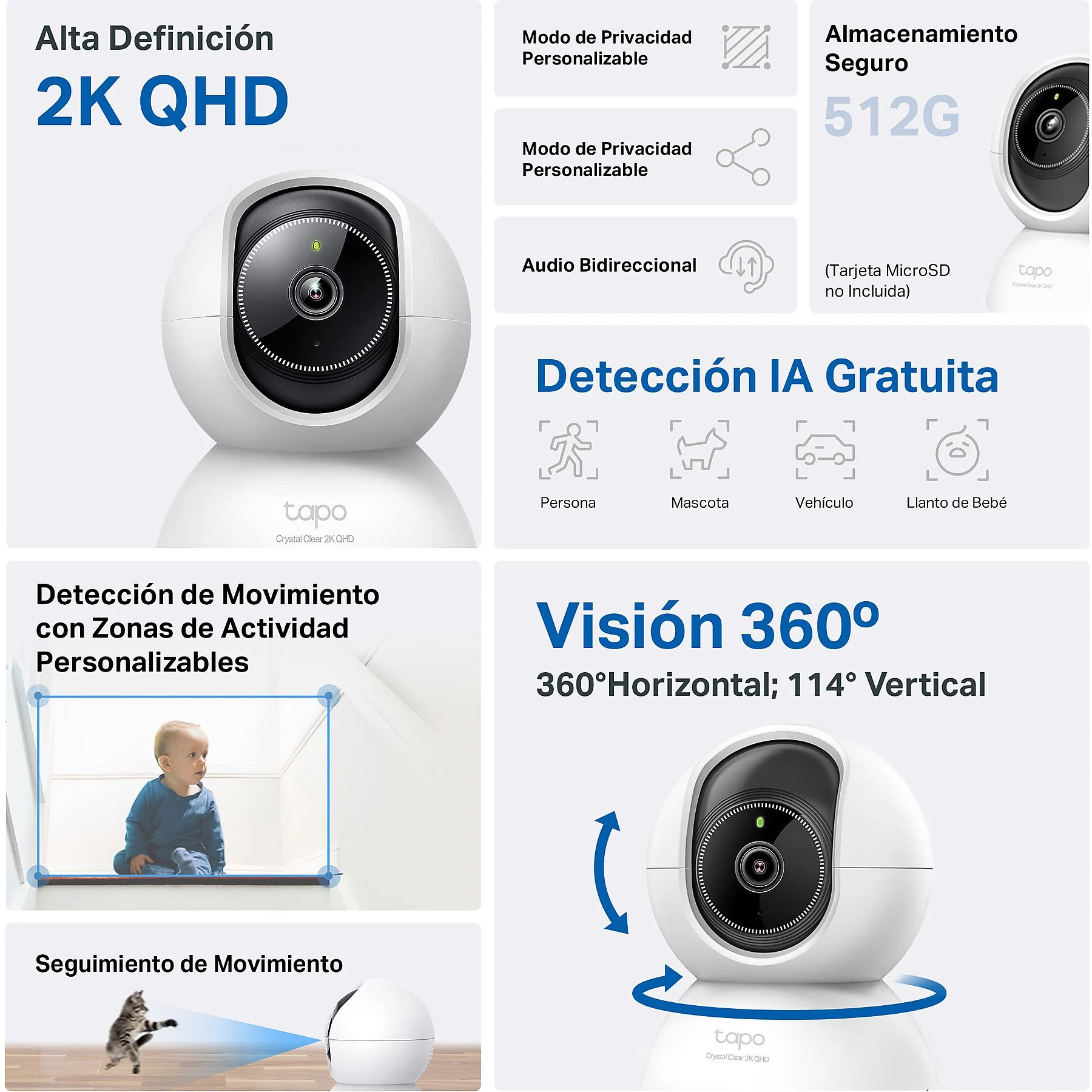 Cámara Vigilancia IP - TP-Link Tapo TC72, 2K QHD, Visión Nocturna, Detección Inteligente IA, 360º